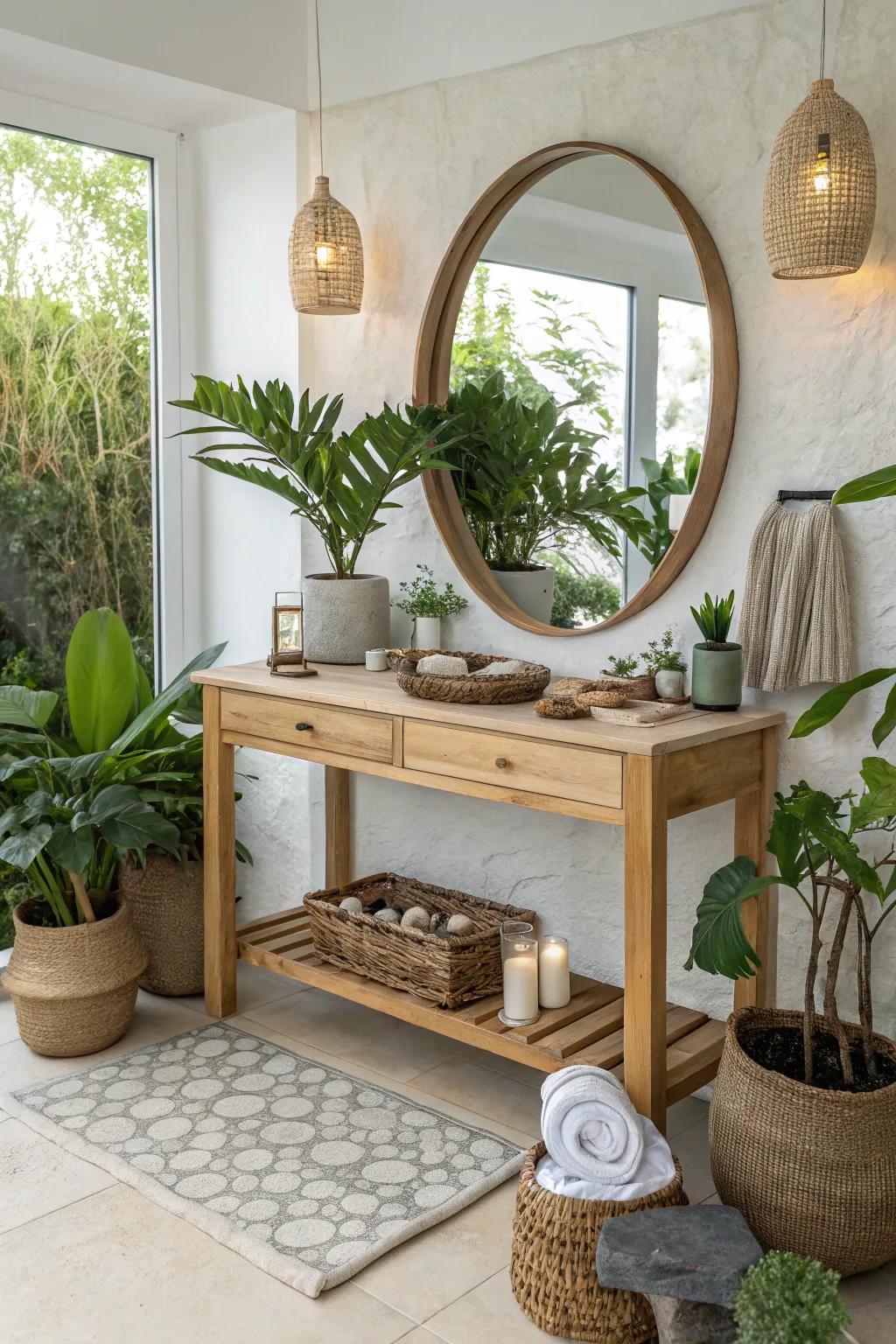 Craft a tranquil sanctuary with nature-inspired design elements.