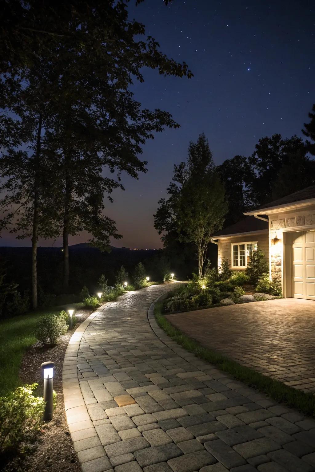 Paver illumination contributes nocturnal grandeur and protection to driveways.