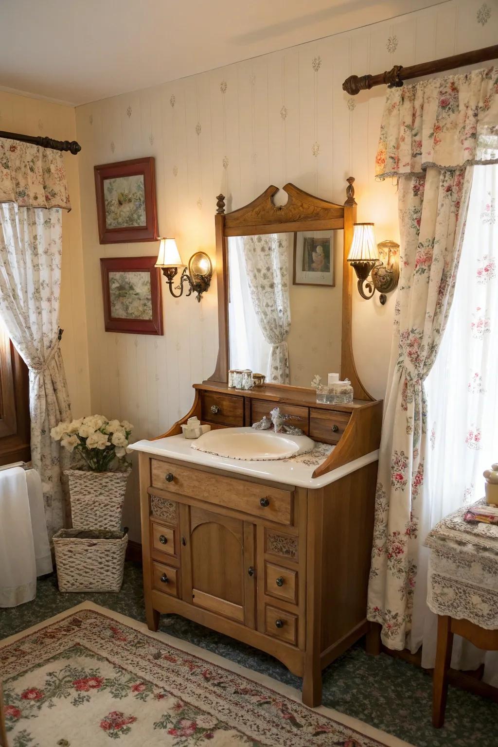 A vintage dry sink becomes a charming dressing station with a mirror.