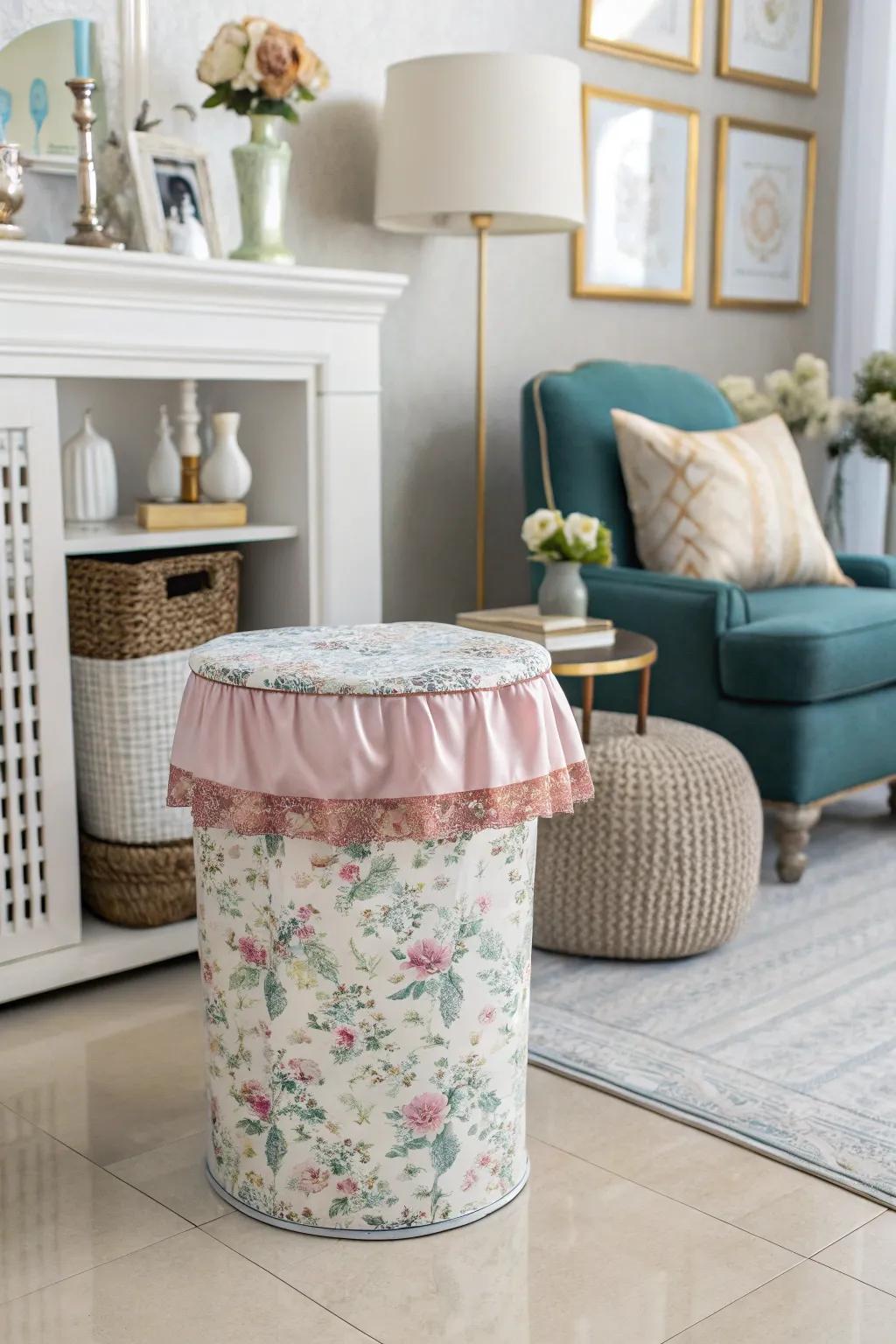 Ornamental textile enclosures infuse pizzazz into indoor refuse receptacles.