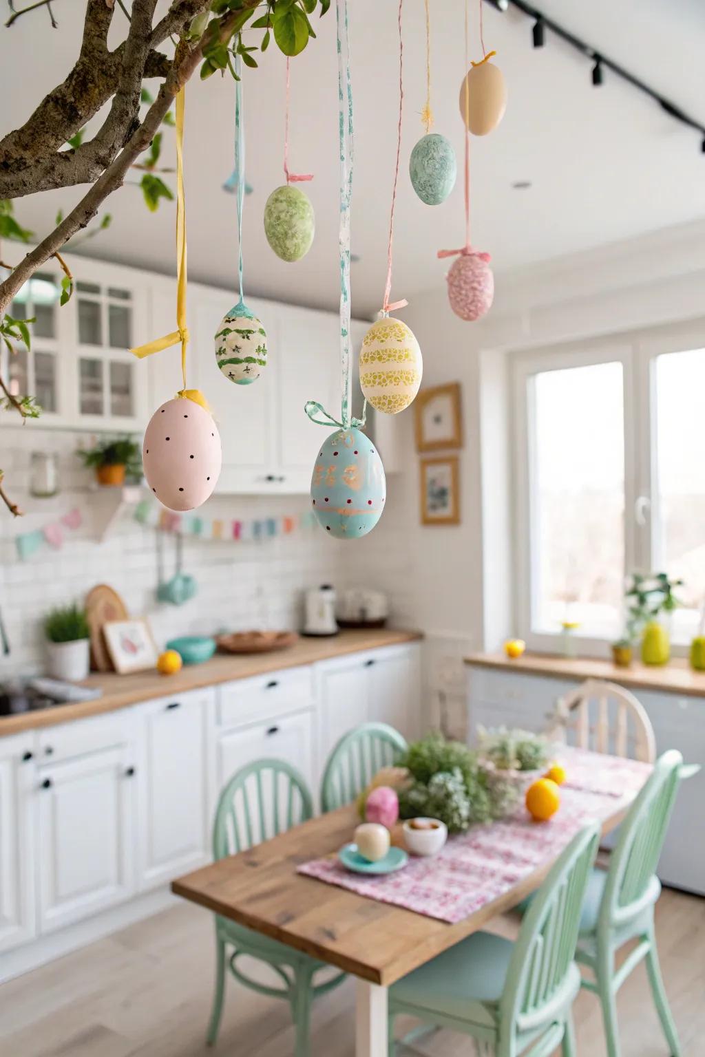 Suspended Easter eggs cultivate a whimsical and attention-grabbing decor element.