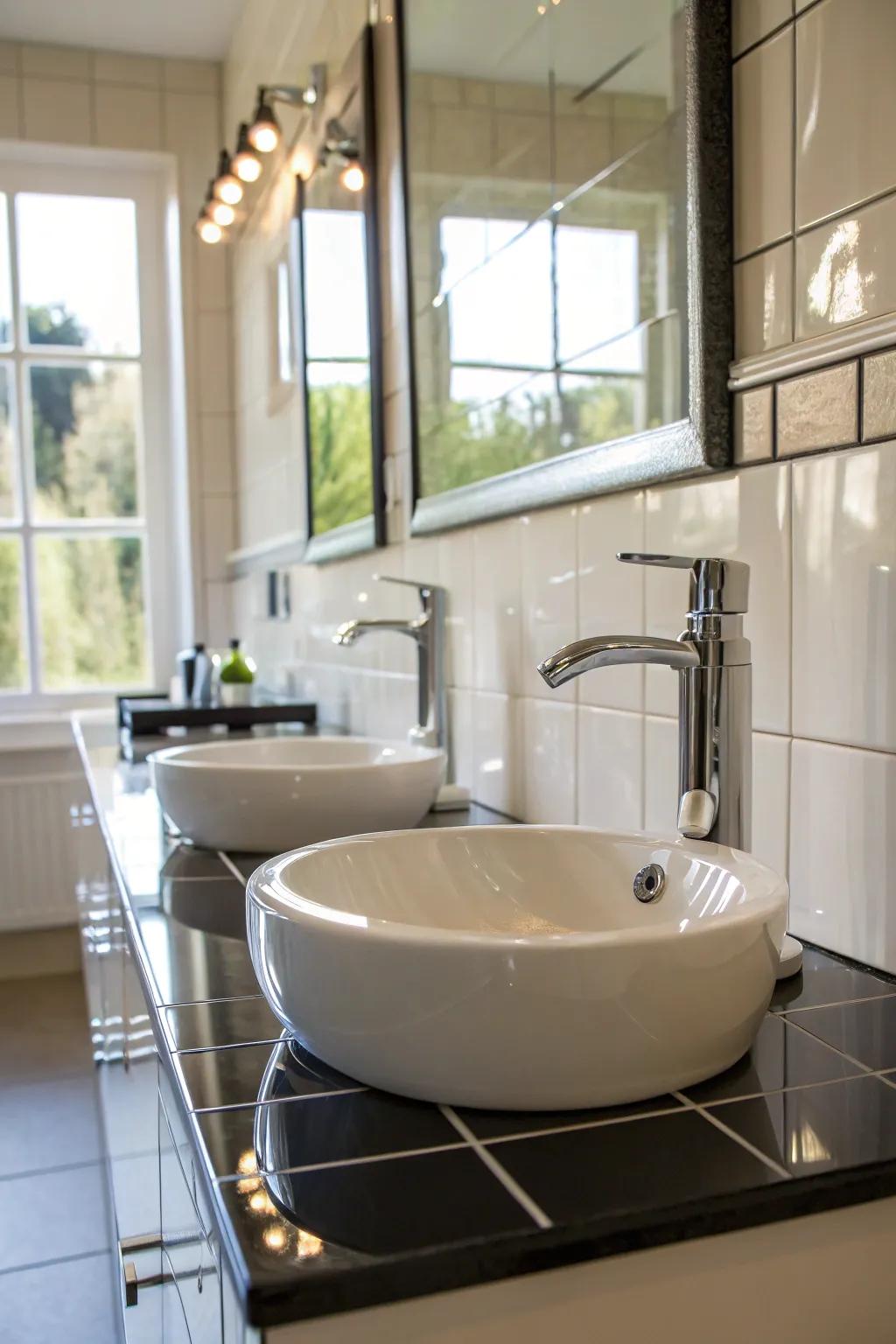 High gloss finishes amplify sophistication within this exquisitely designed bathing area.