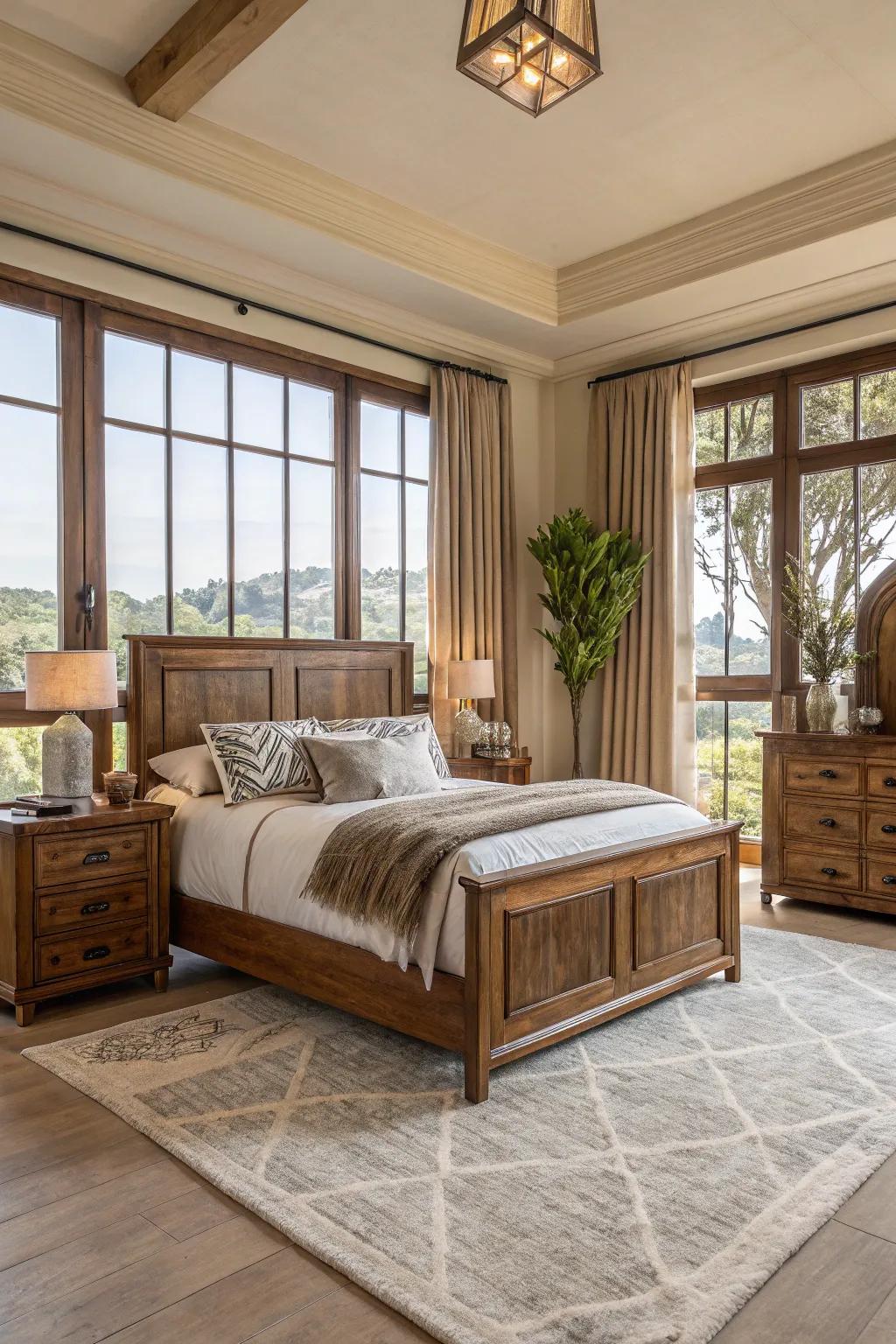 A luxurious bedroom featuring eco-friendly materials and sustainable wood furniture.