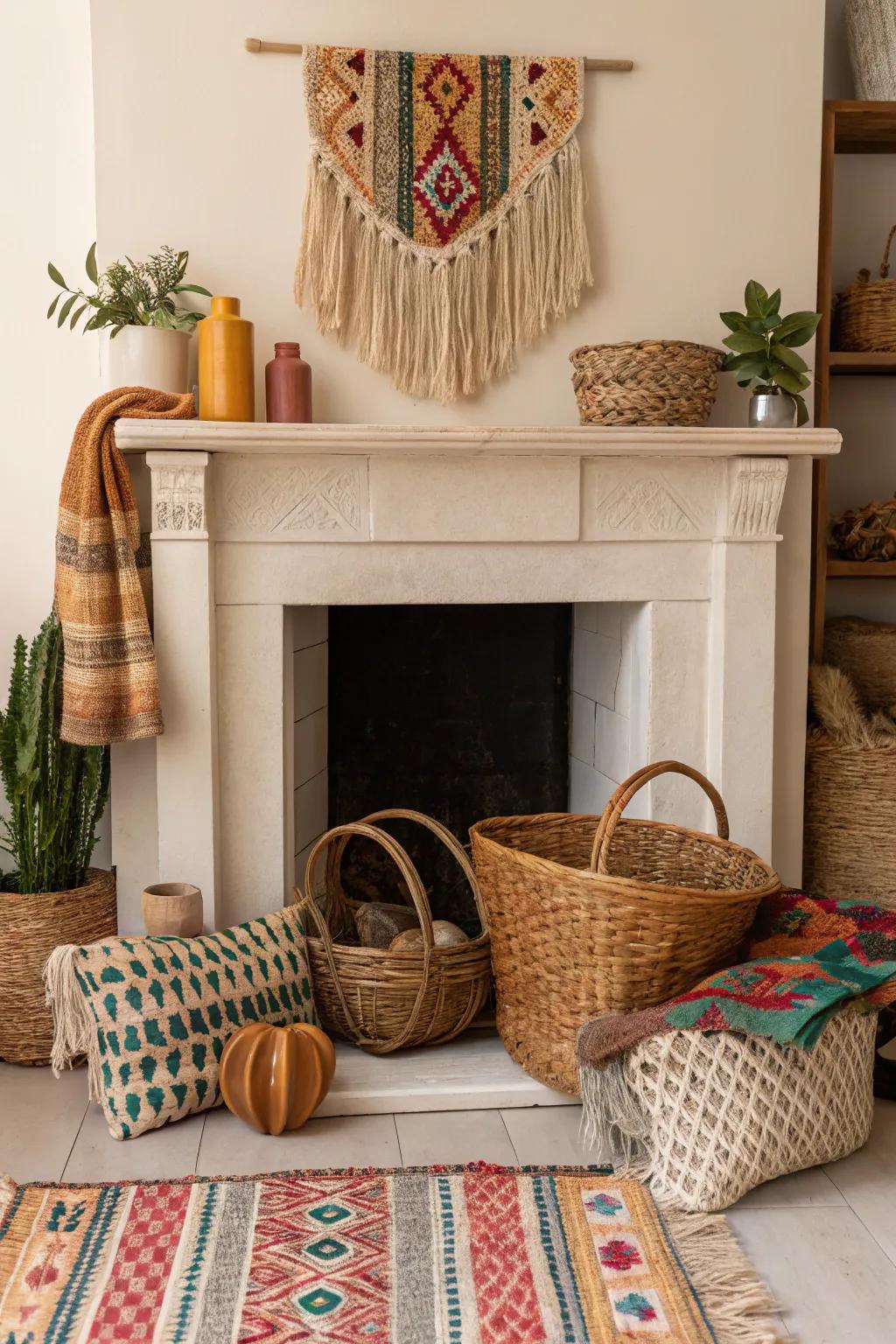 Cultivate bohemian appeal with textiles in your fireplace.
