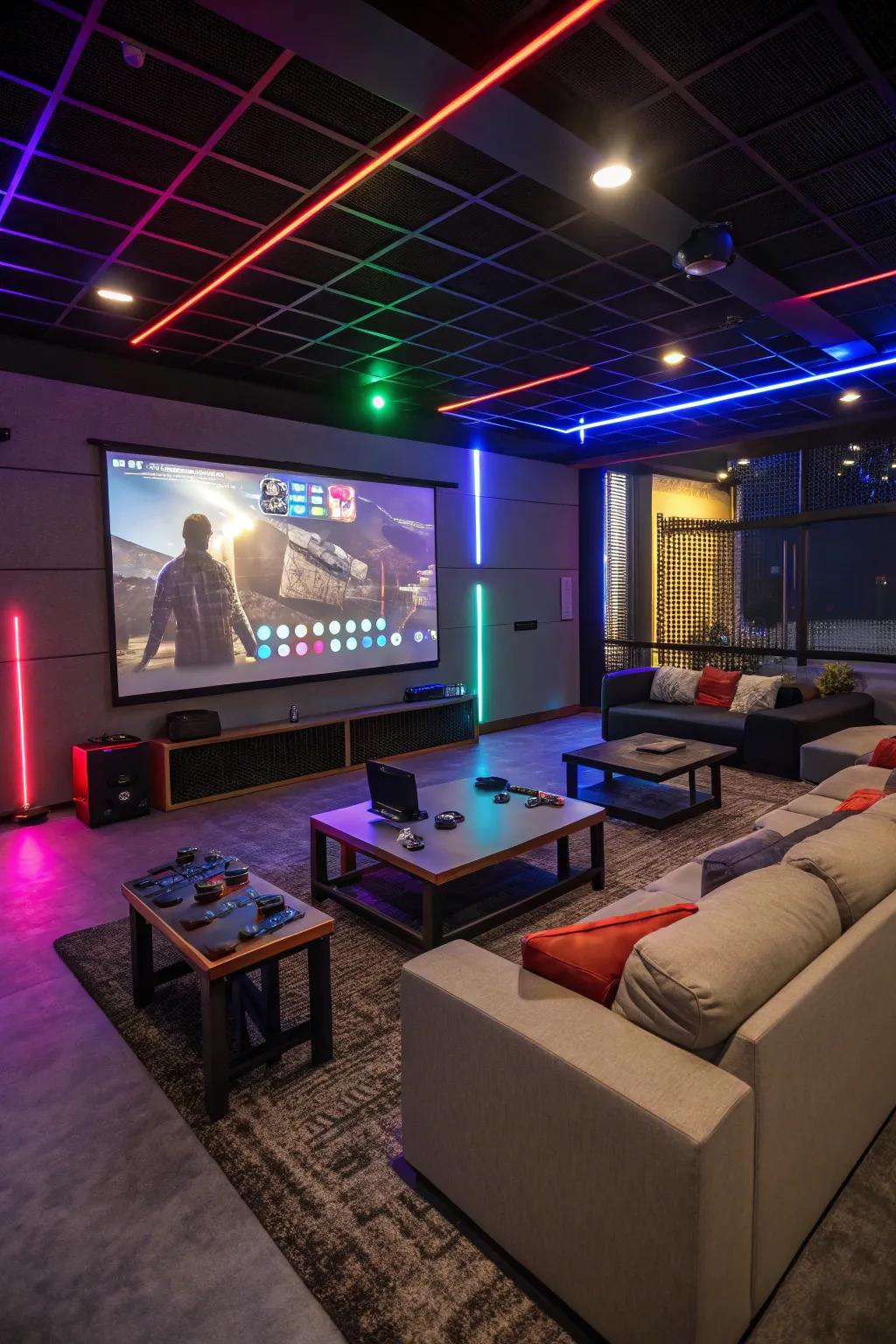 Immerse yourself in entertainment within a multimedia lounge designed for both games and films.