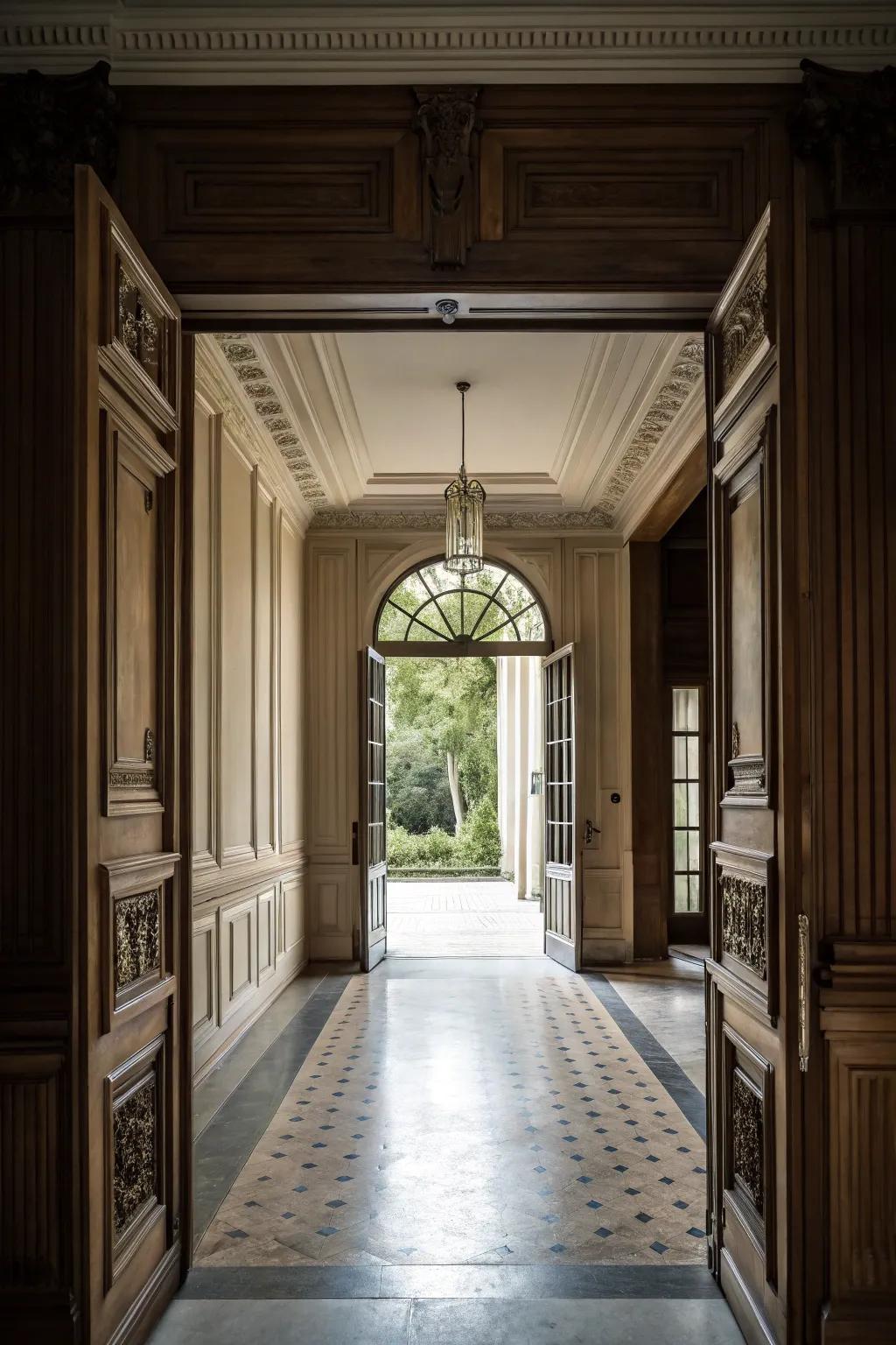 High wall finish adds drama and cohesion to the entryway.