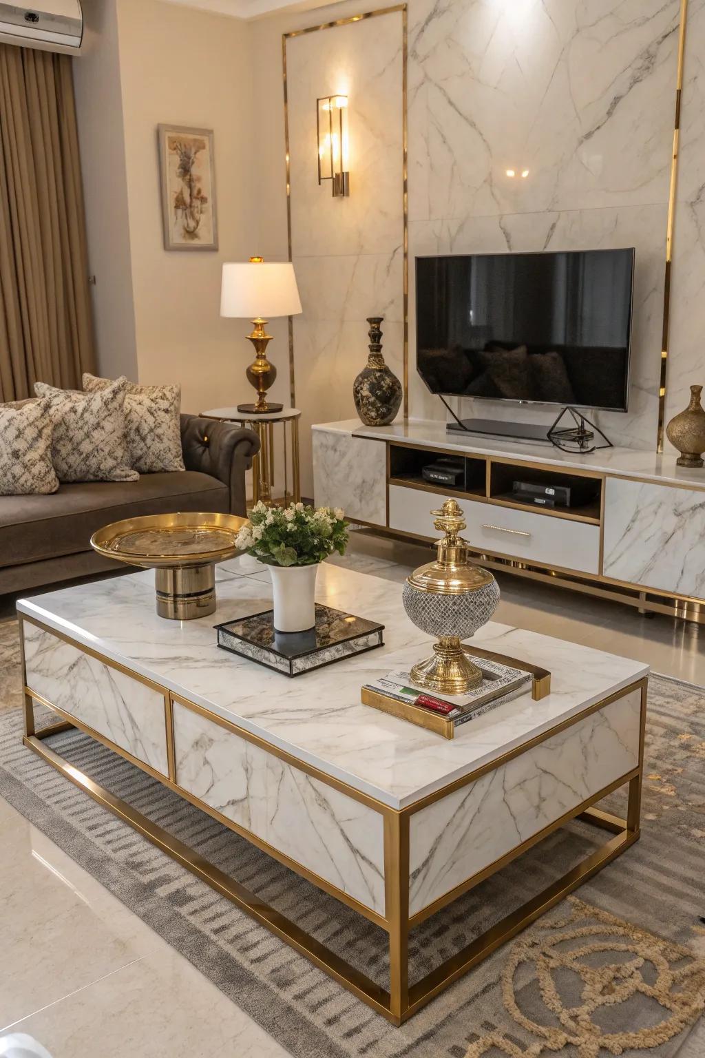 Stone details add elegance to this European-inspired living room.