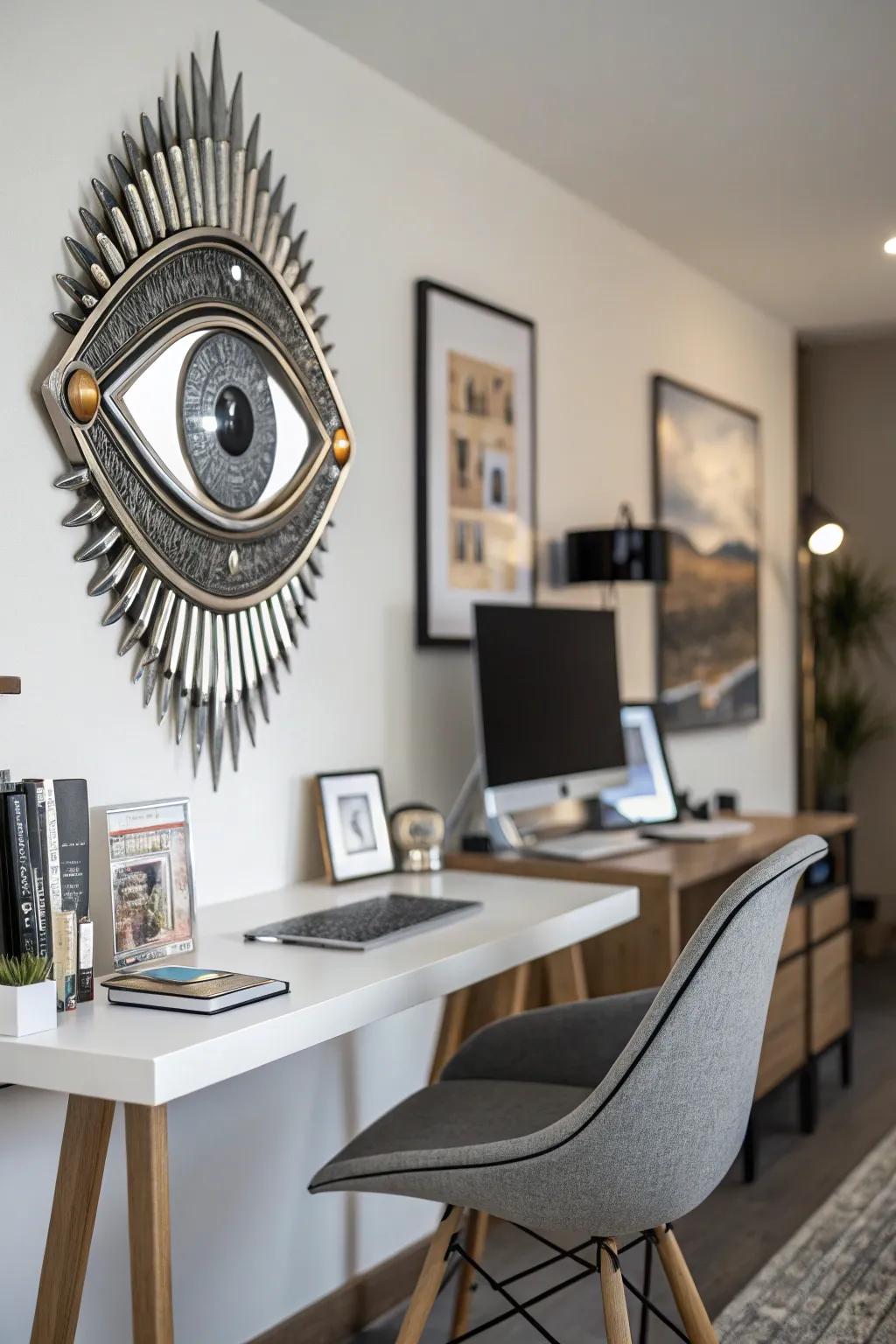 A forward-looking eye art piece contributing a streamlined, contemporary border to the office.