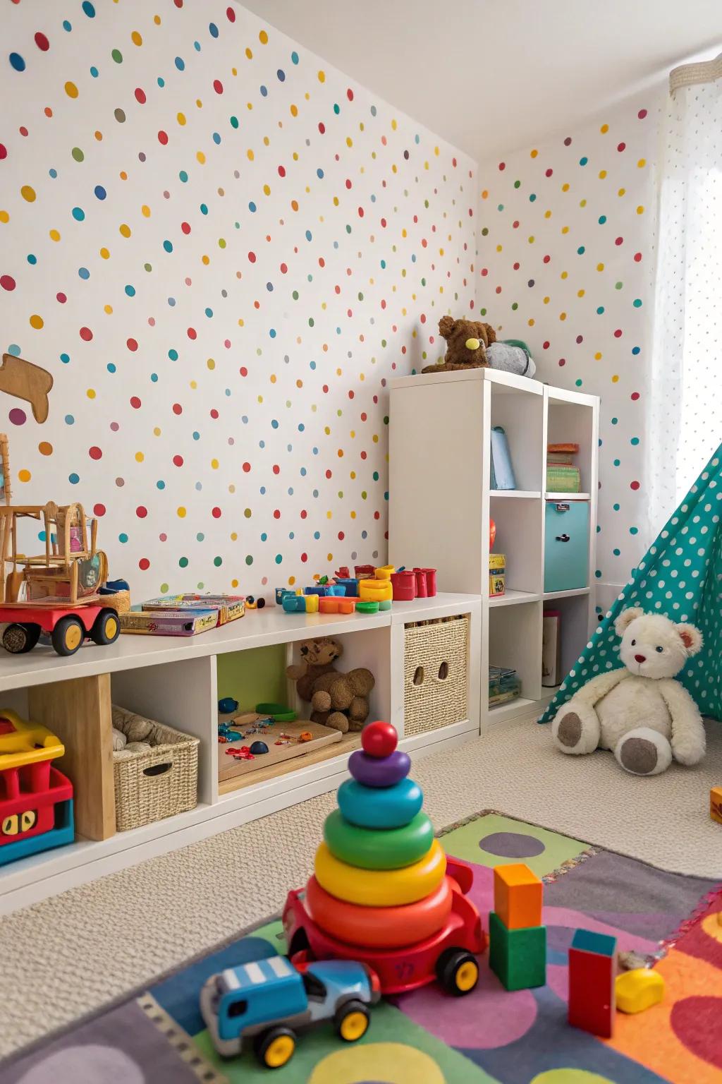 Fabric wallpaper showcasing playful polka dots engenders a whimsical ambiance.