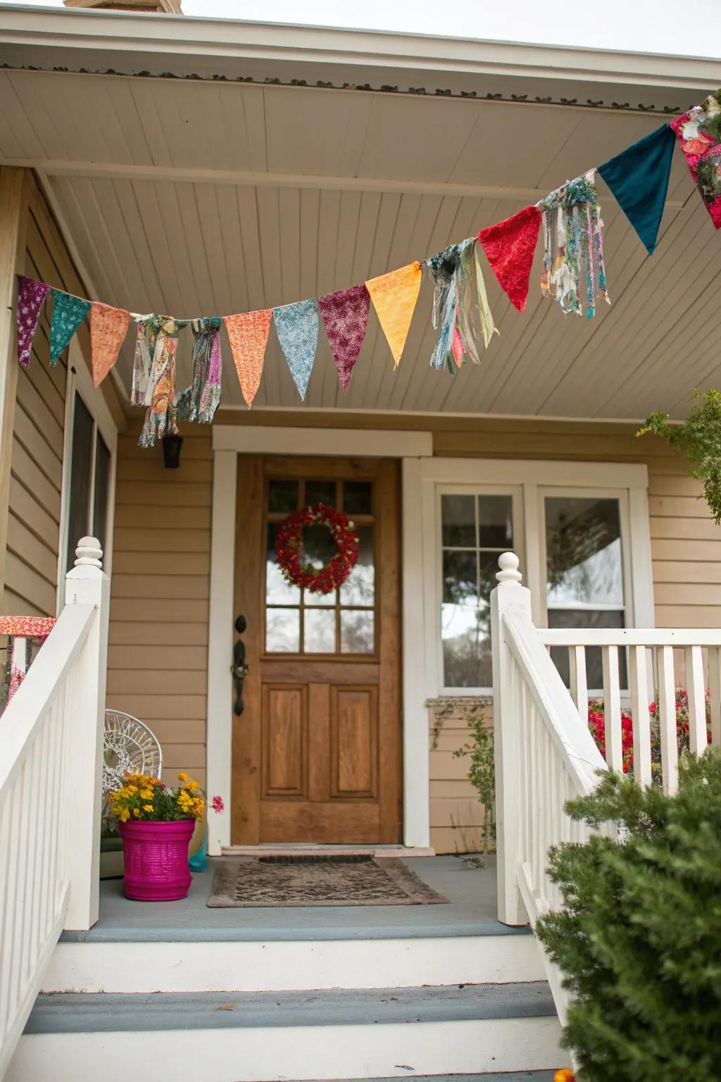 A material bunting contributes a playful splash of color to the fall decor.