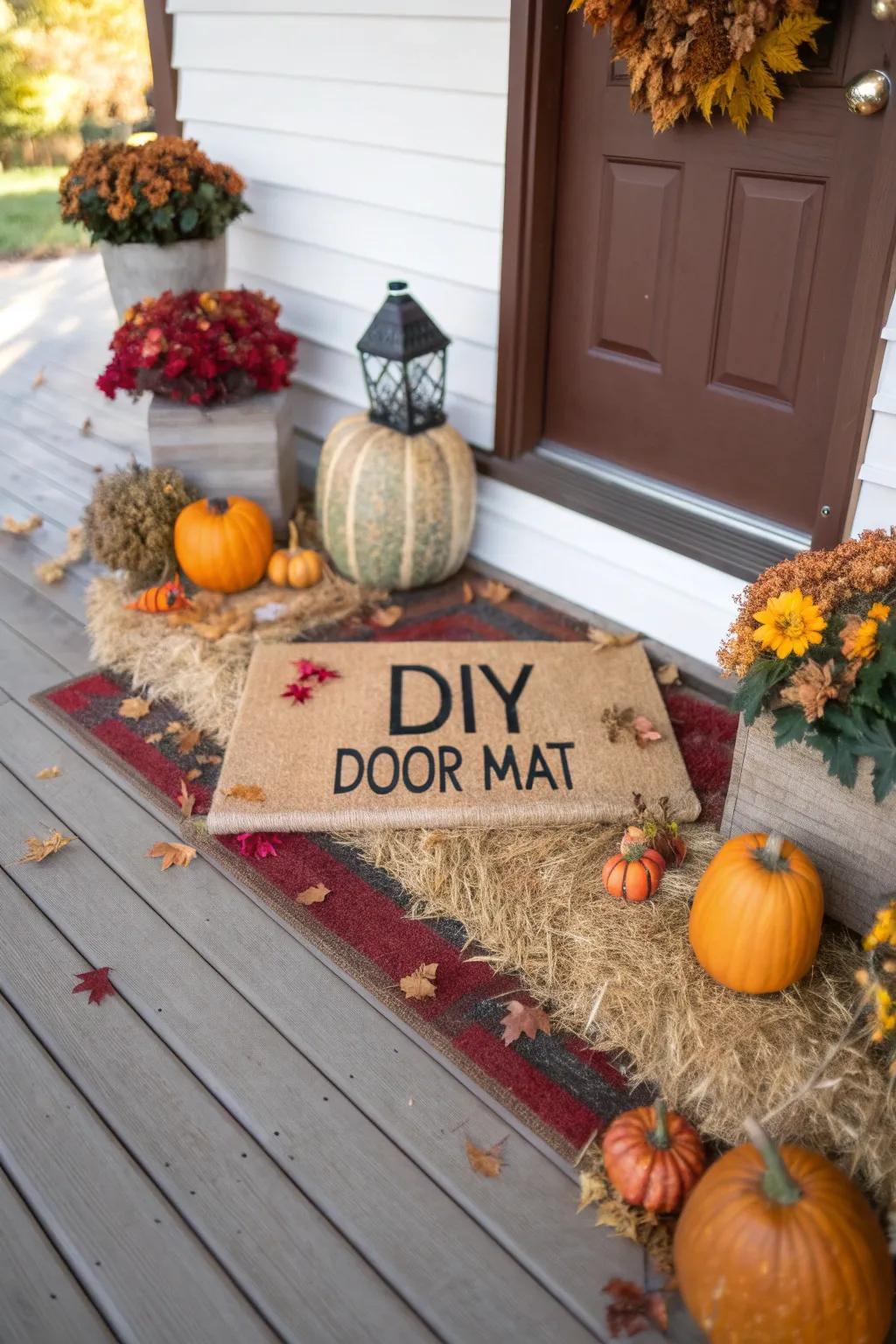 A DIY door mat contributes a personal and hospitable attribute to the fall setup.