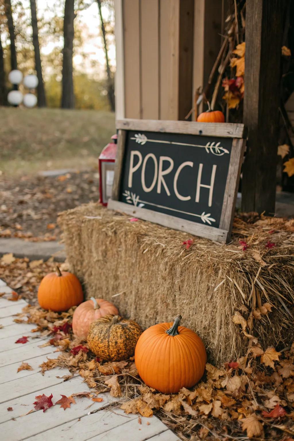 A hay bale introduces rustic charm to your fall porch display presentation.