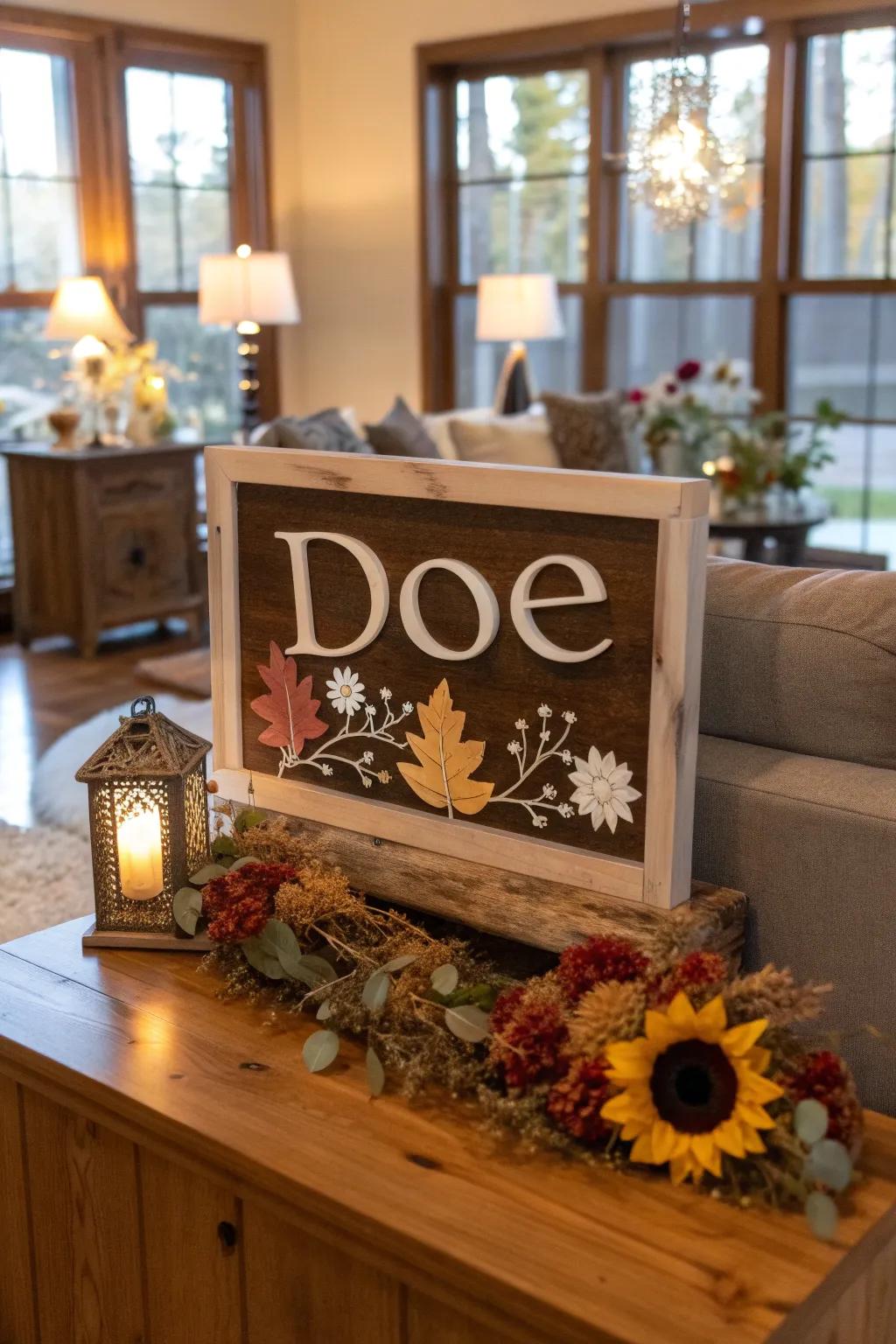 An interchangeable surname display ideally suited to seasonal updates.