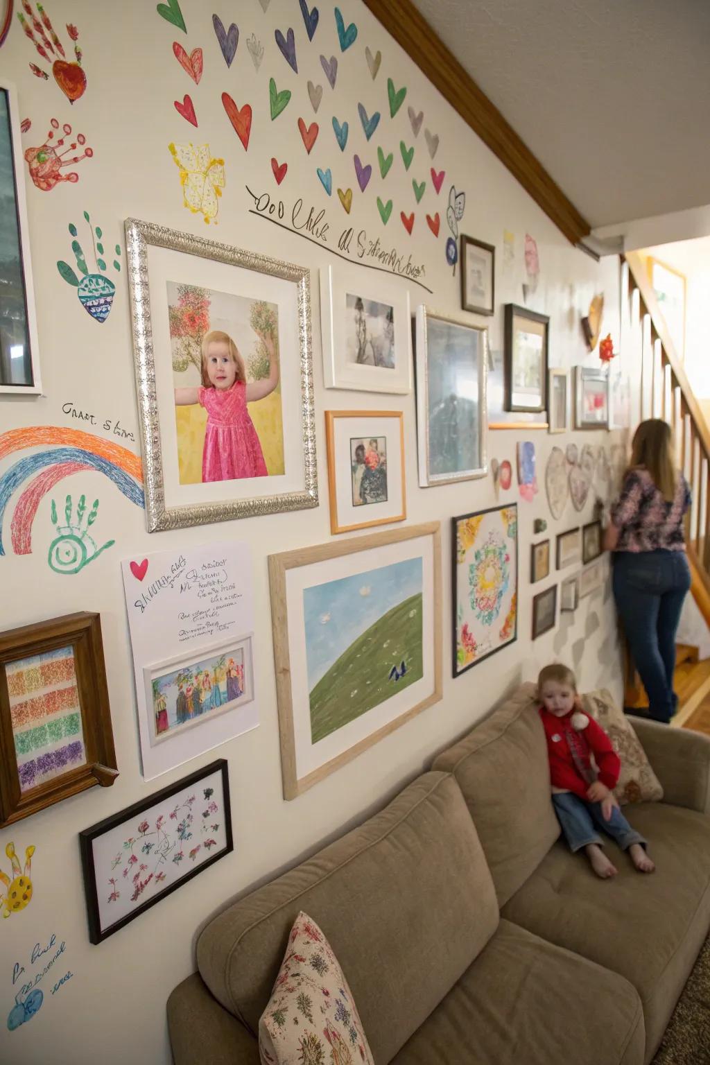 A creative blend of children's artwork and family photographs on the wall.