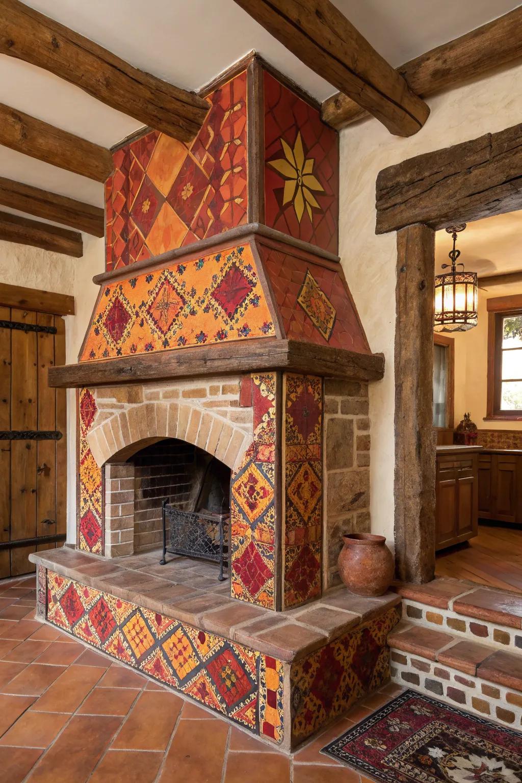 Southwest-inspired tones imparting flair to a farmhouse fireplace.
