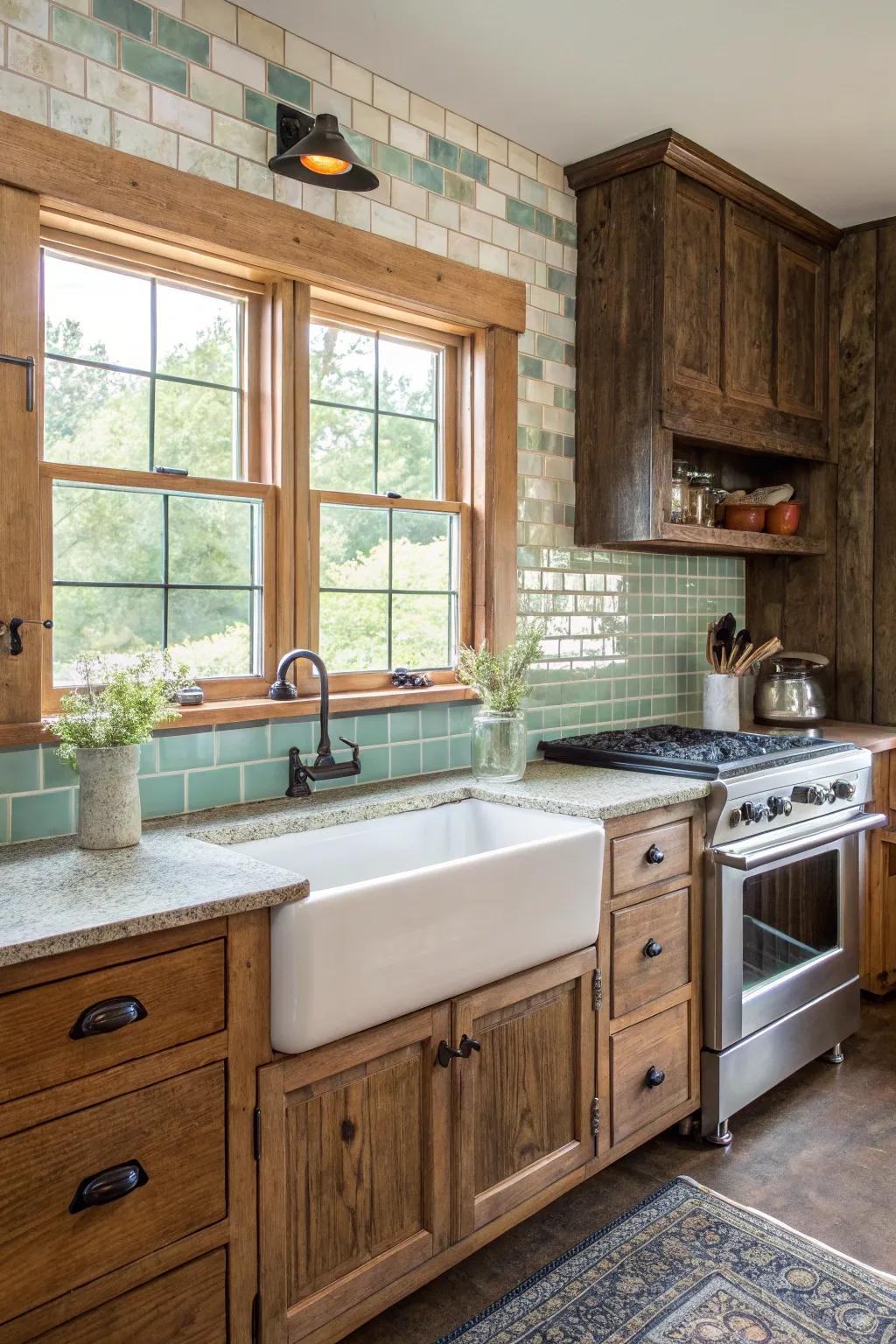 A country-style kitchen featuring rustic finish glass block backsplash.