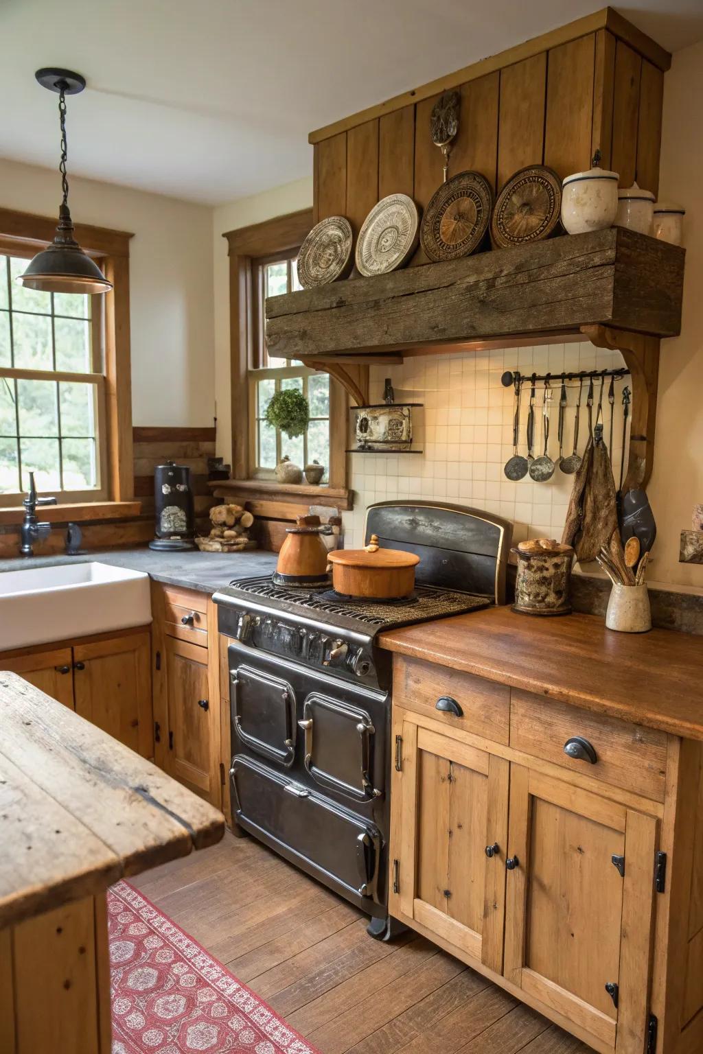 A farmhouse kitchen showcasing a solid wood counter.