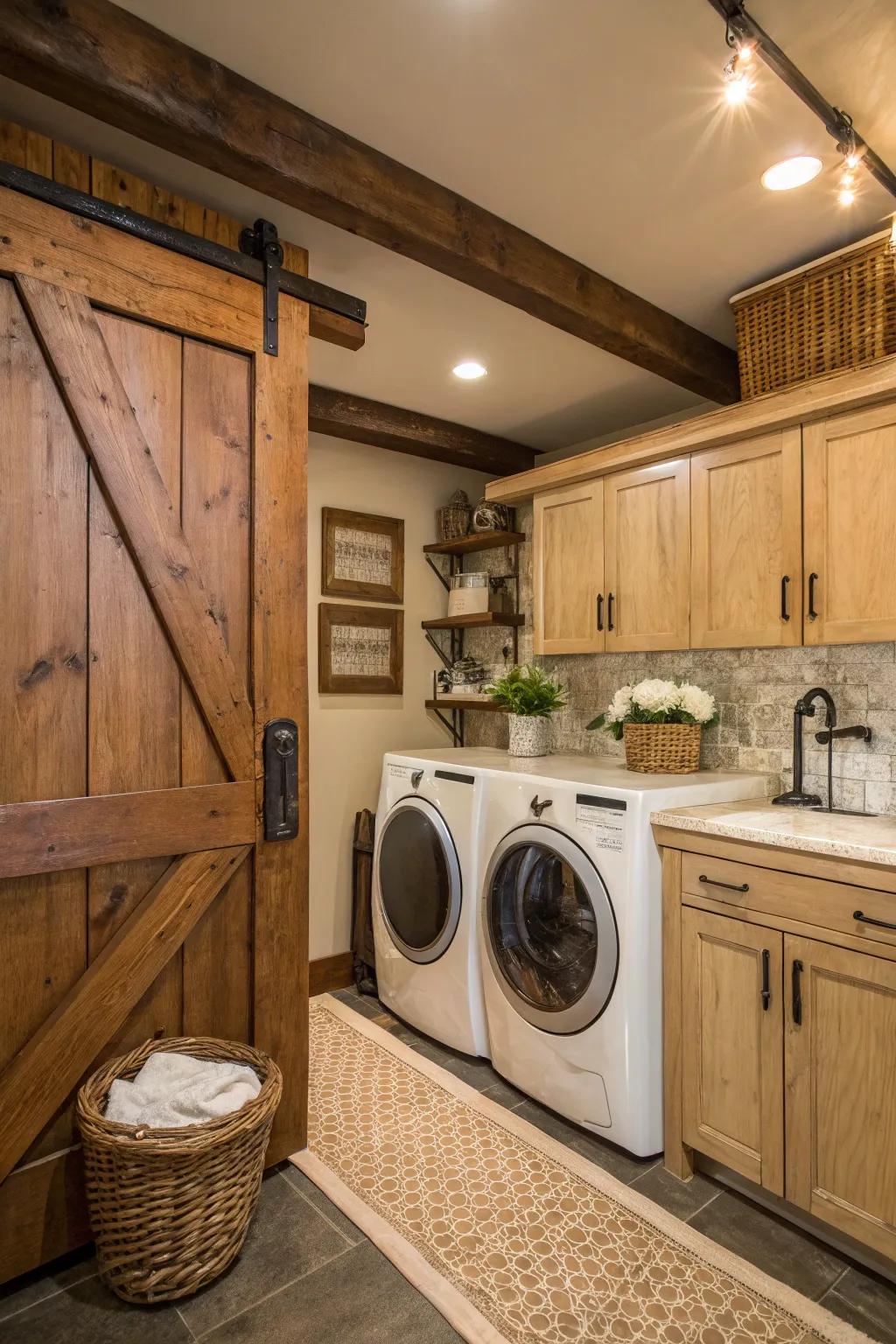 Barn door cabinets infuse this laundry area with rustic charm and style.