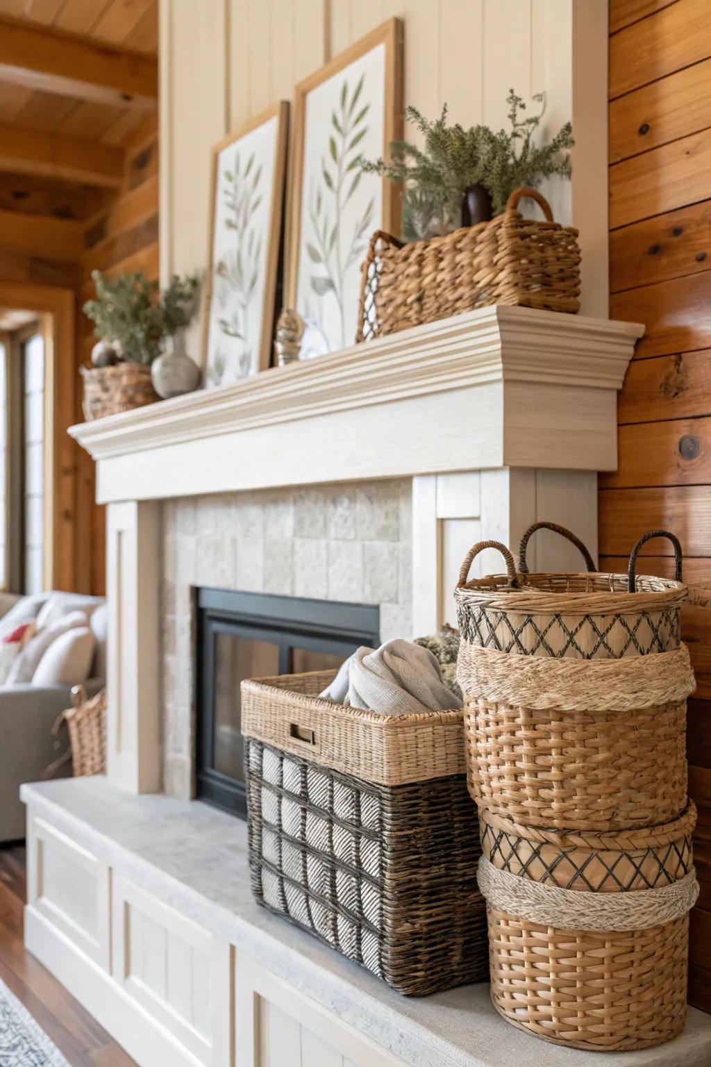 Interwoven basket details offer texture and practical storage across the mantel.