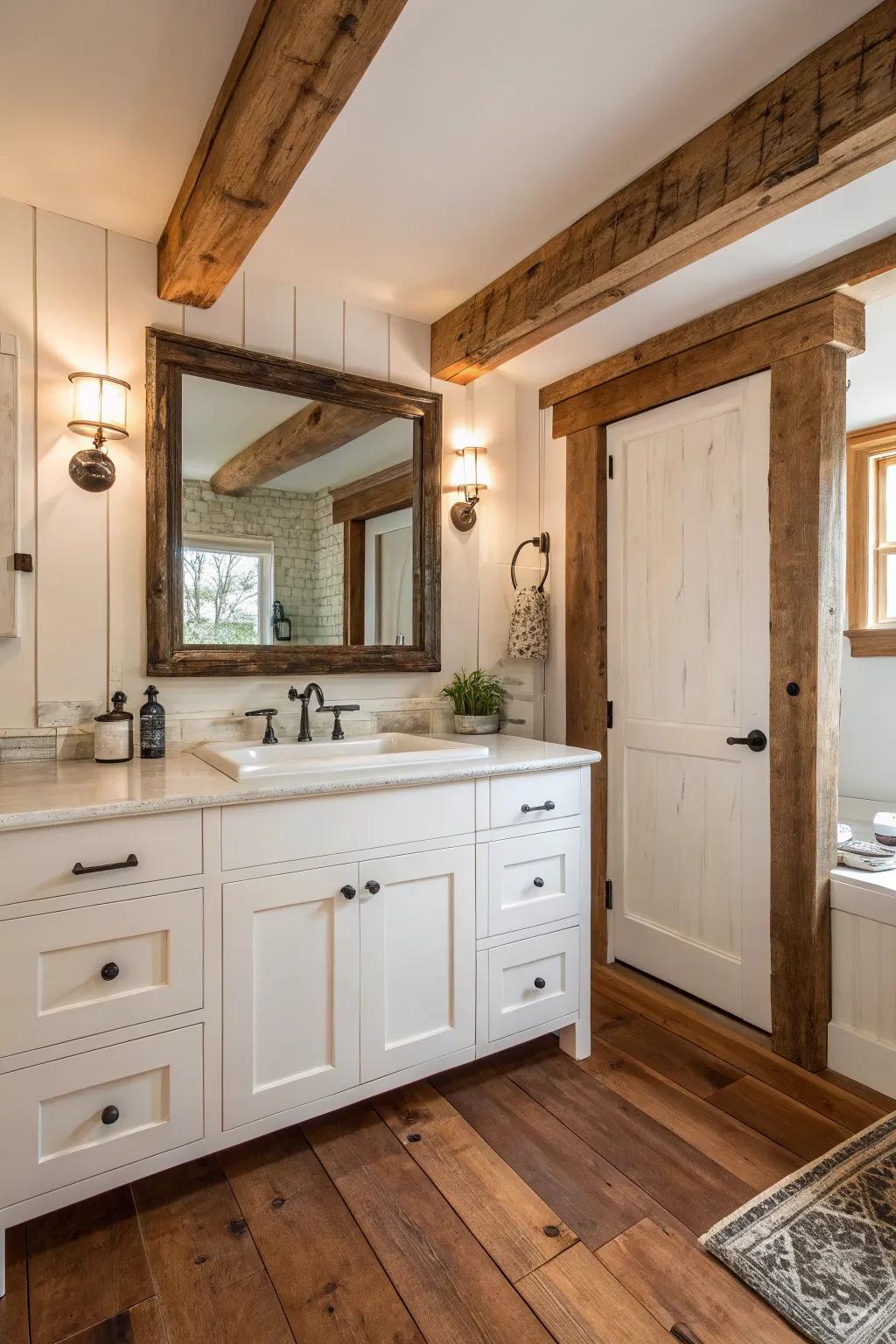 Pristine shaker closets dispense an ageless visual within this farmhouse bathroom.
