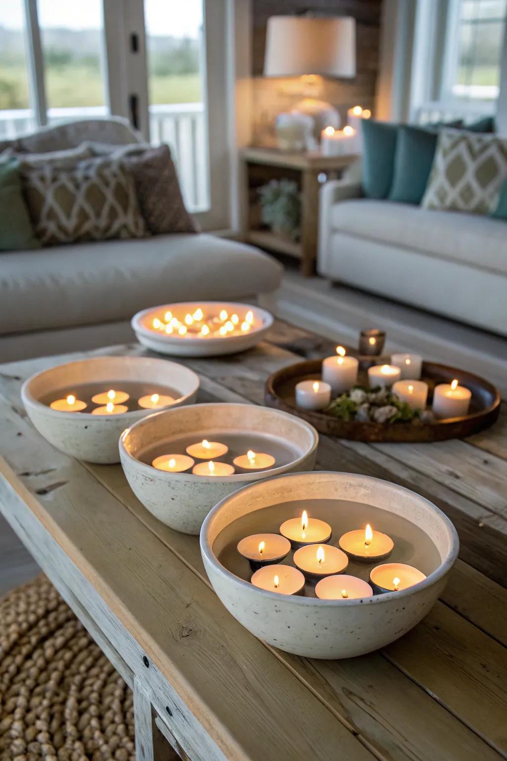 Floating candles in bowls construct a peaceful and exquisite atmosphere.