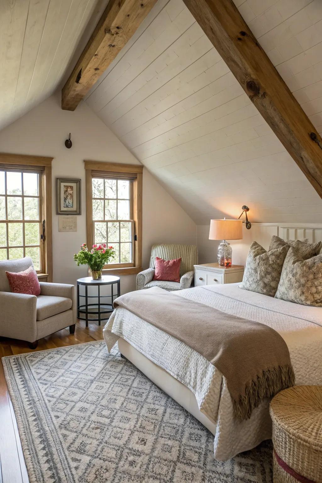 A deluxe attic guest suite affording seclusion and ease.