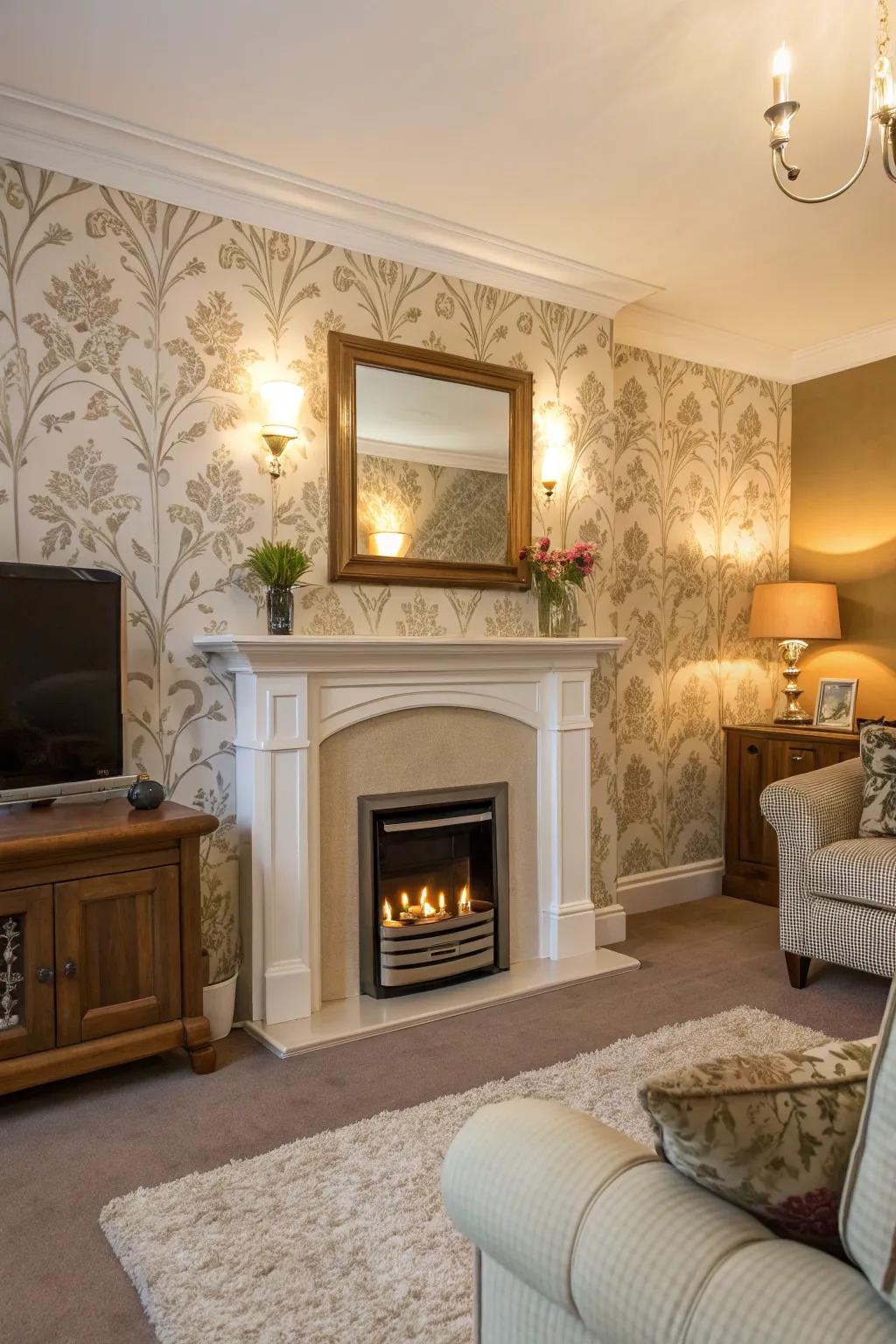 Wall covering can transform your fireplace area with color and texture.