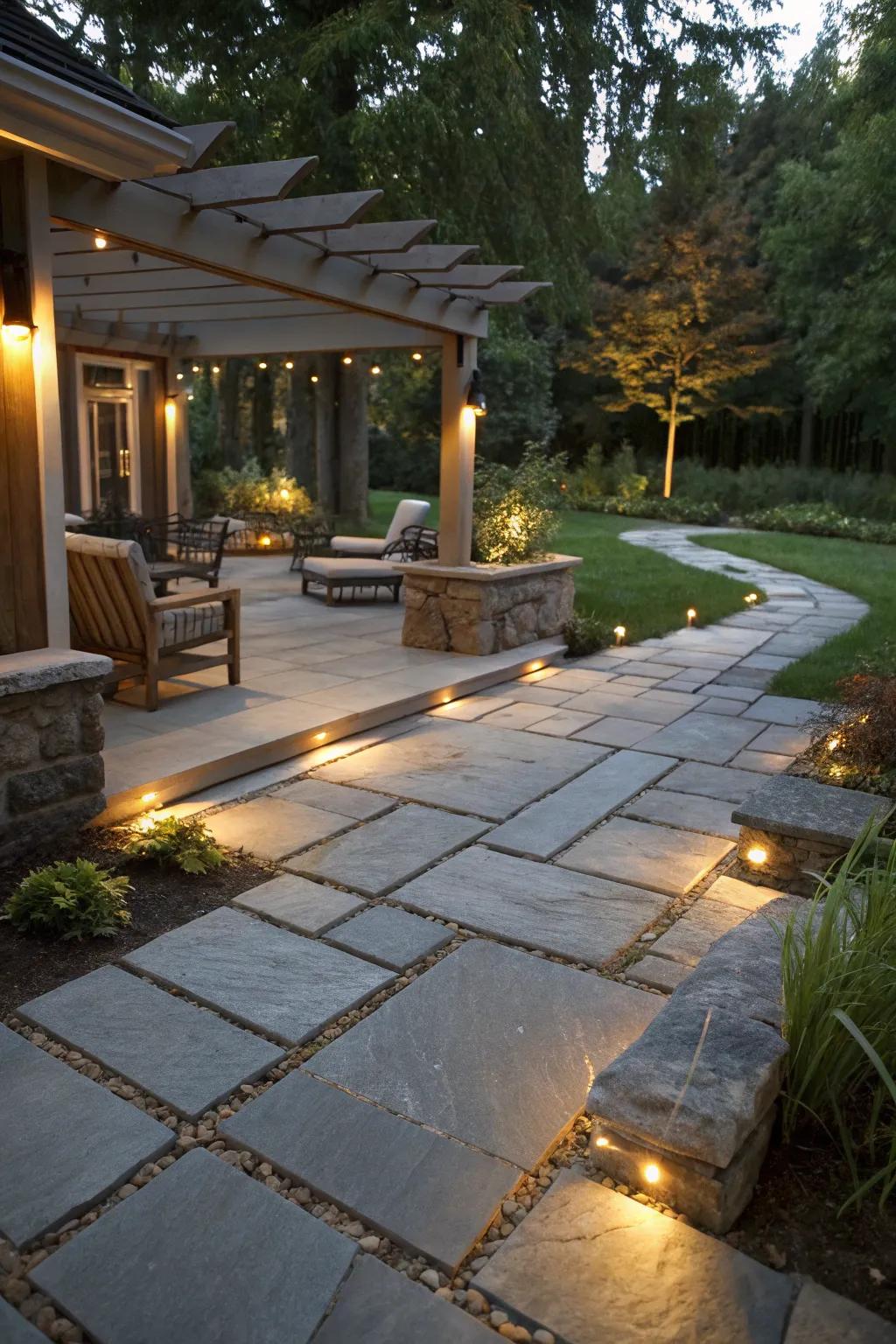An exquisitely lit flagstone patio for evening usage.