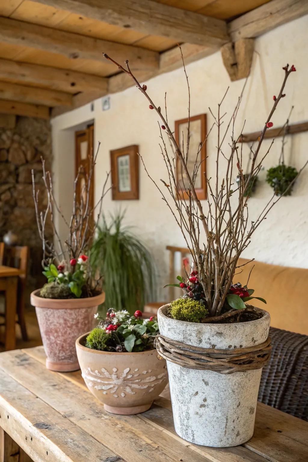 Branch-adorned flower containers bringing down-to-earth appeal indoors.