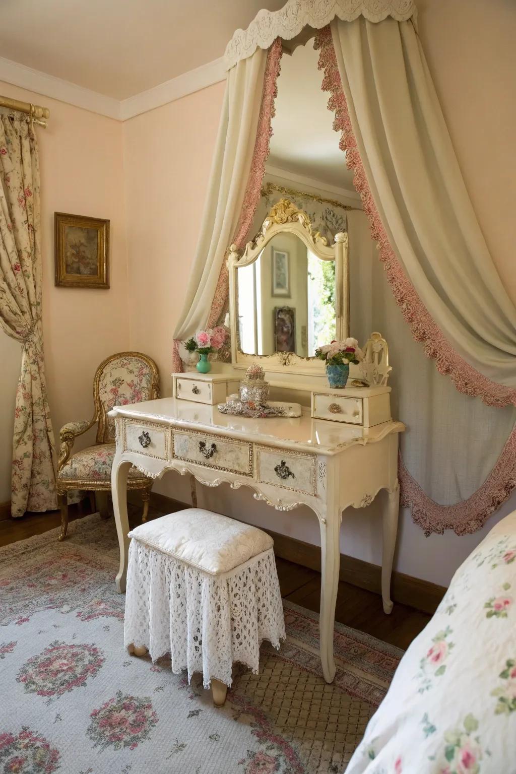 A vintage grooming table introduces charm and functionality to the French bedroom.