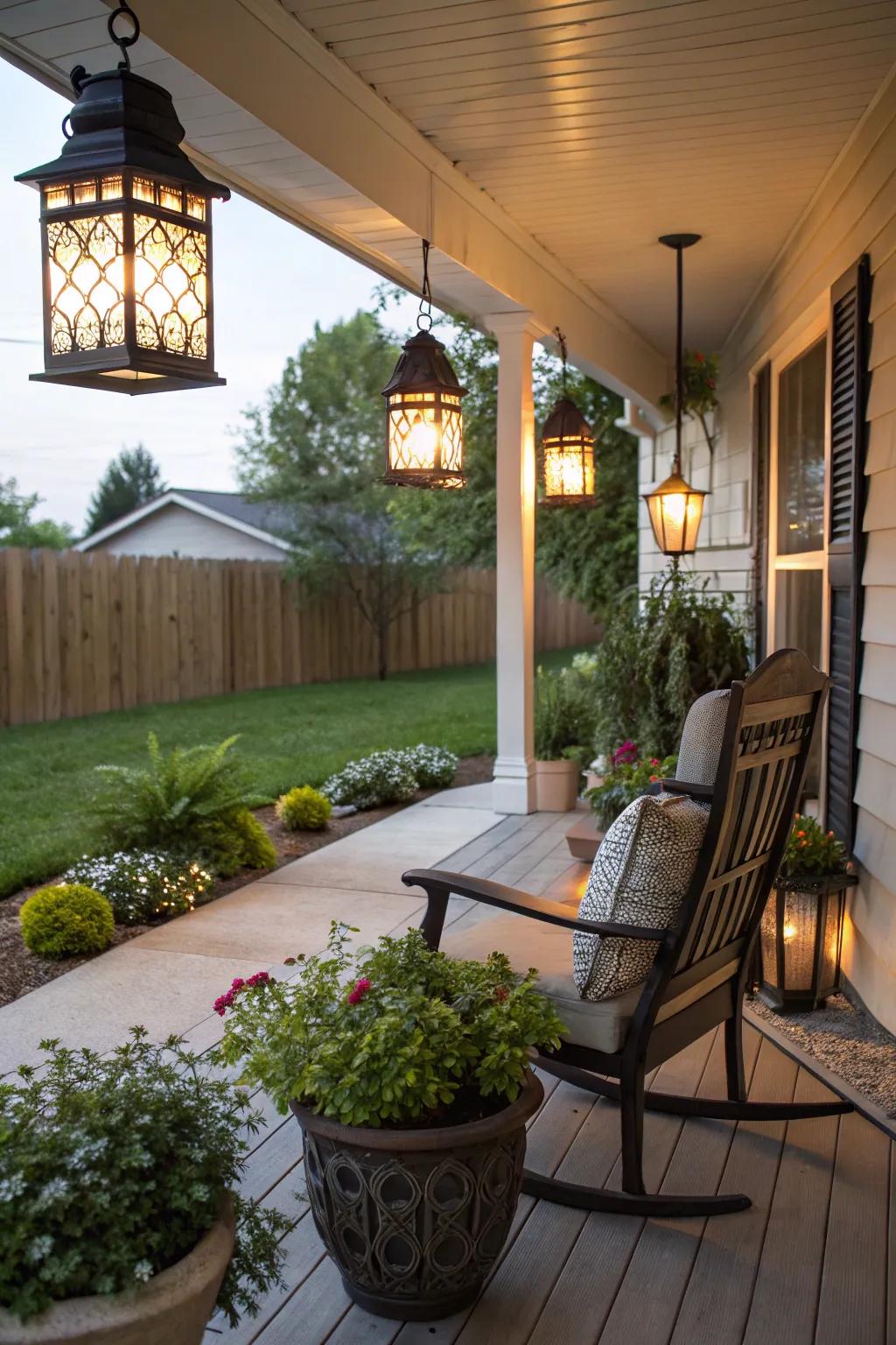 Garden lanterns offer ambient illumination and privacy on a cozy porch.