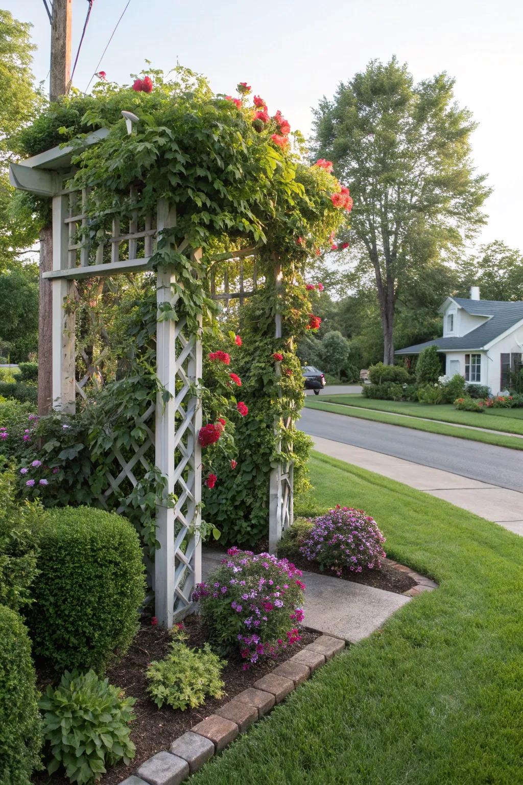 A garden skyward aid with lush climbers adds skyward intrigue to a corner lot.