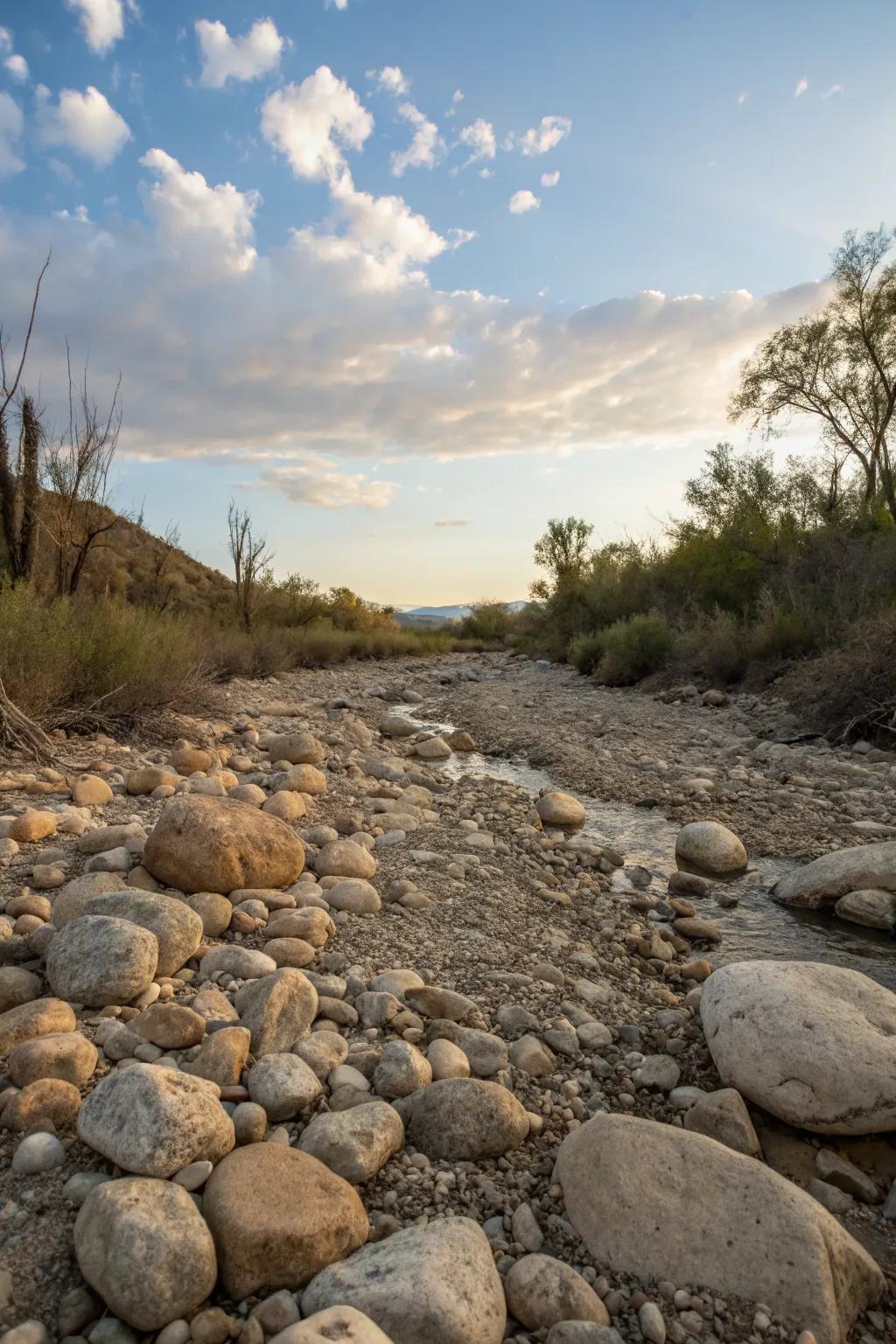 A rocky streambed design infuses an authentic, rugged surface to your creek bed.