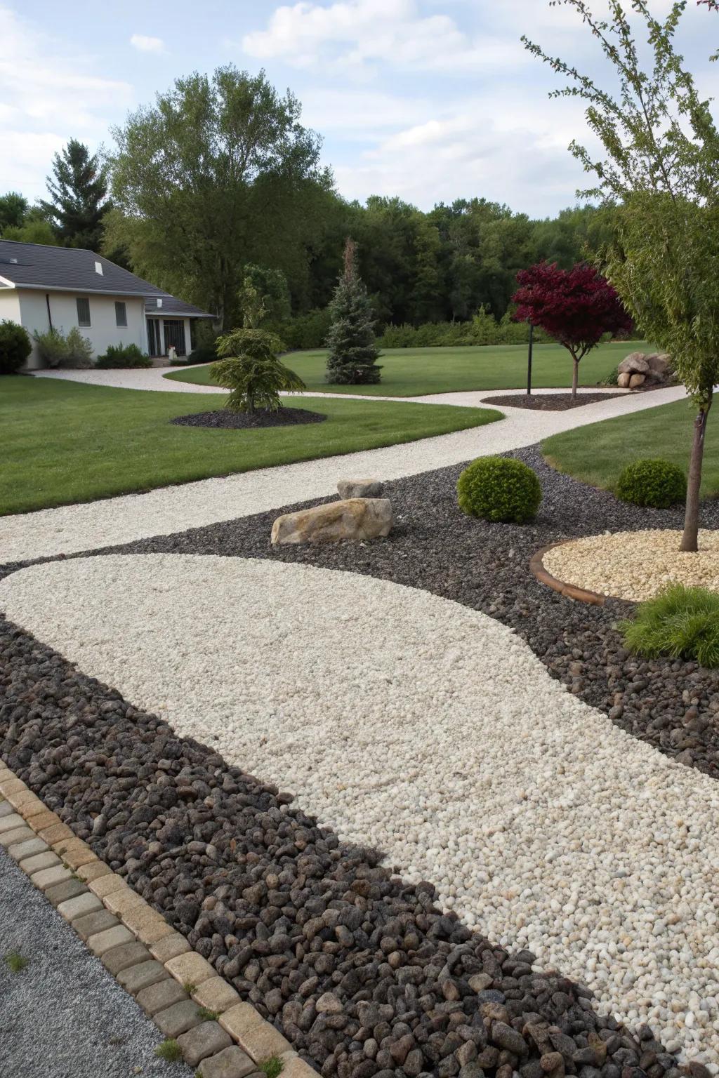 The contrast of gravel colors crafts a visually stimulating landscape.