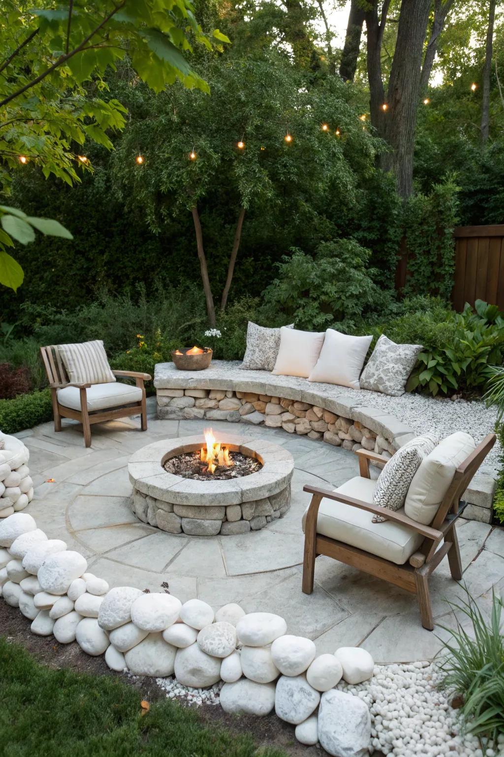 A fire pit with pure rocks fashions a warm, welcoming outdoor space.
