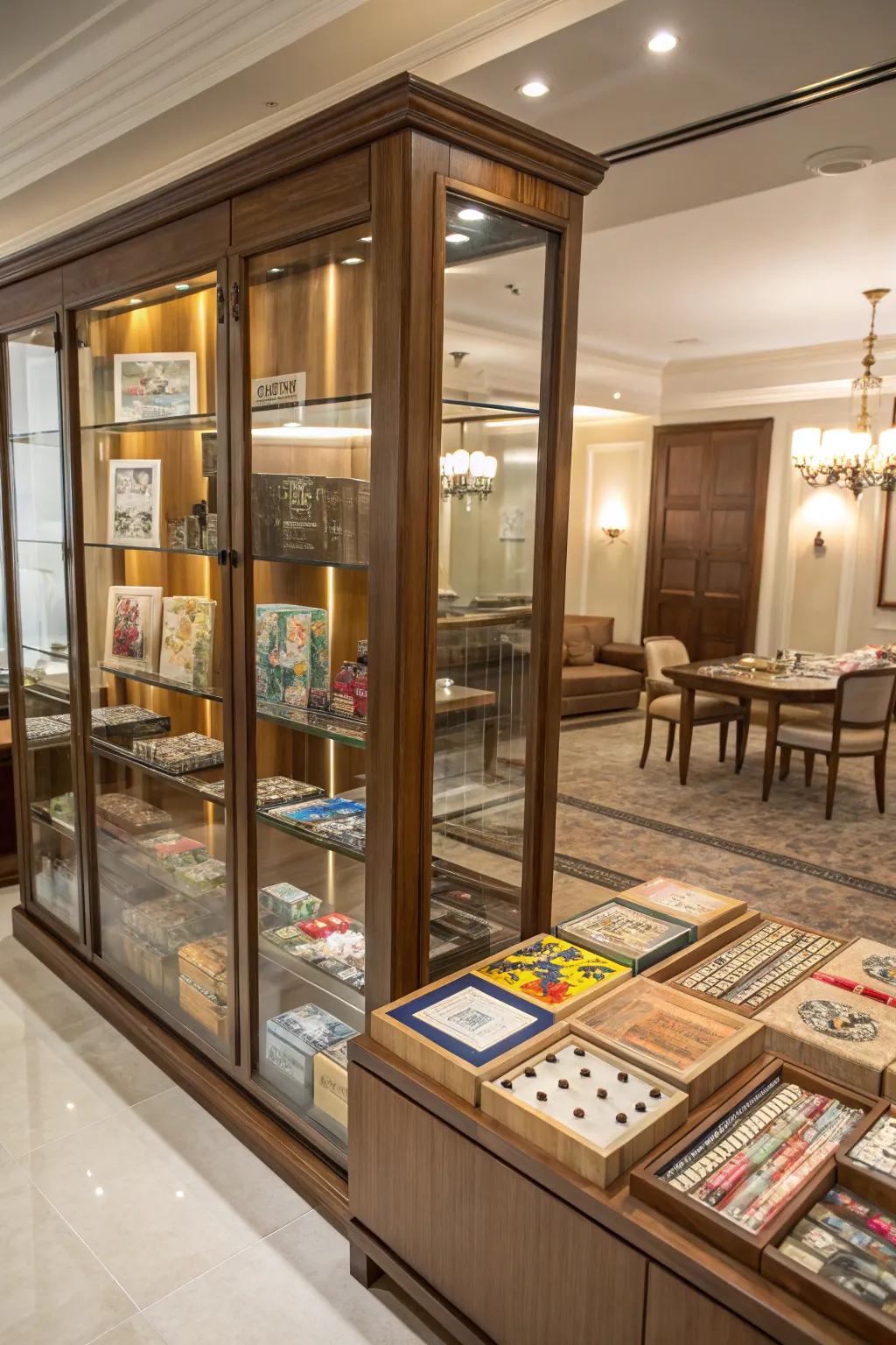 Glass display cases provide both safeguarding and exhibition.