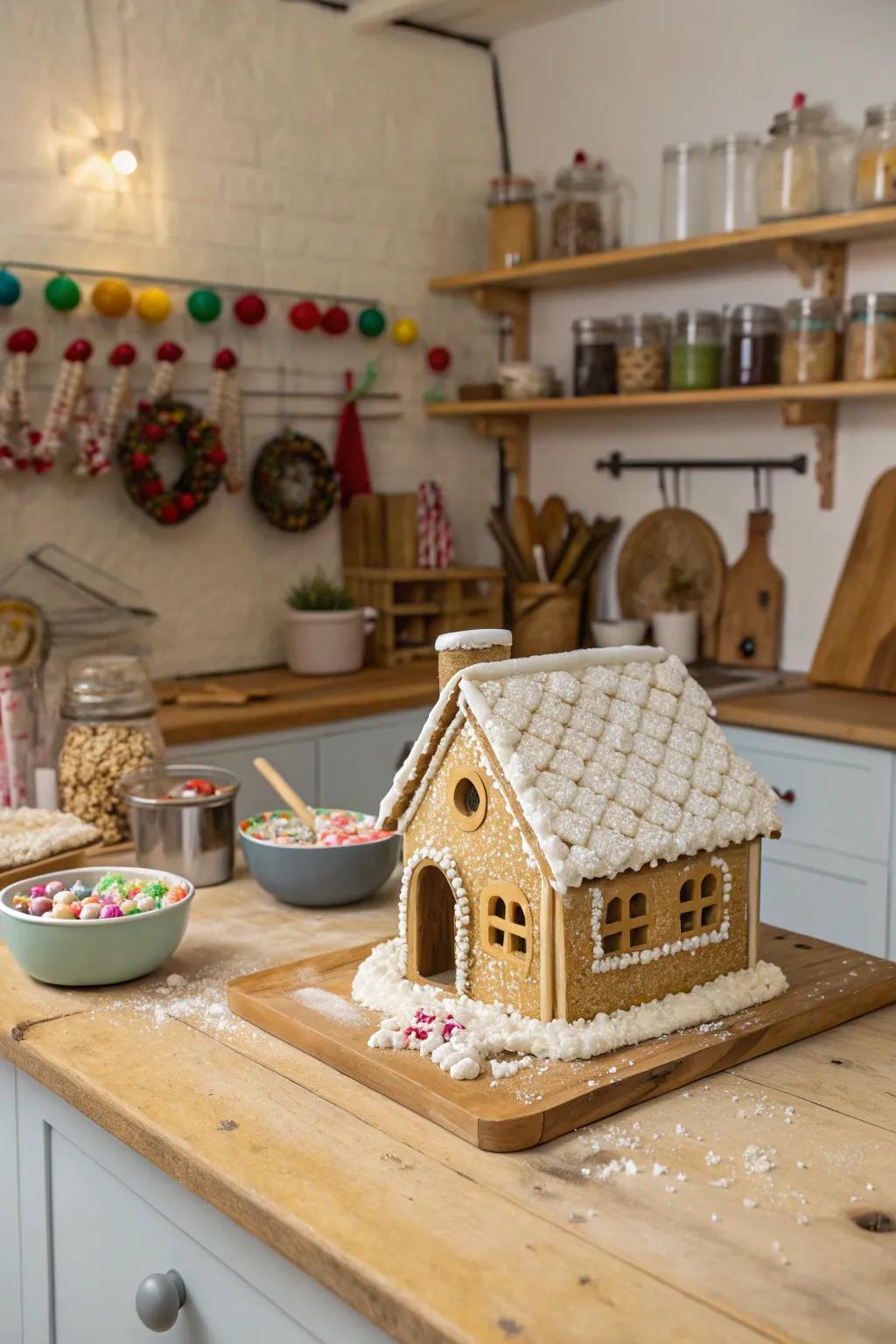 An expanded grain-covered gingerbread roof.