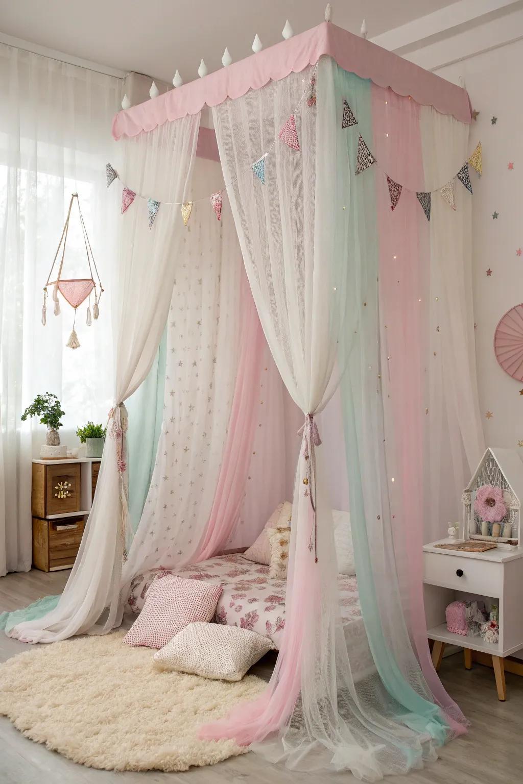 Gradations of window coverings introduce opulence and profundity.
