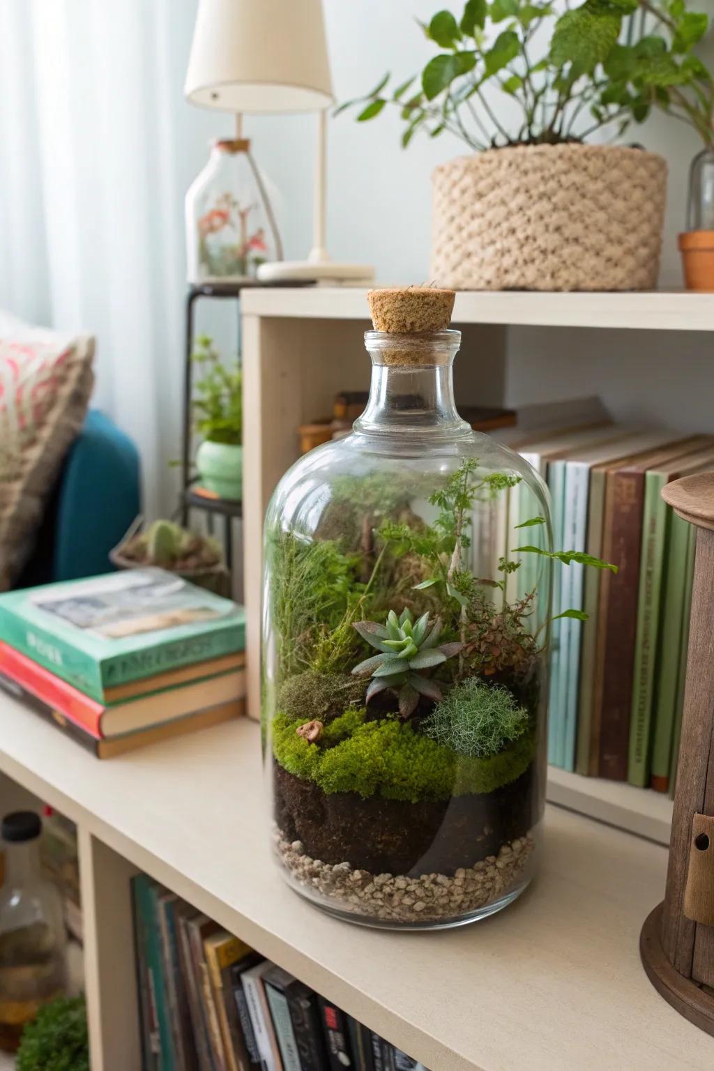 Small world terrariums offering a magical look inside a bottle.