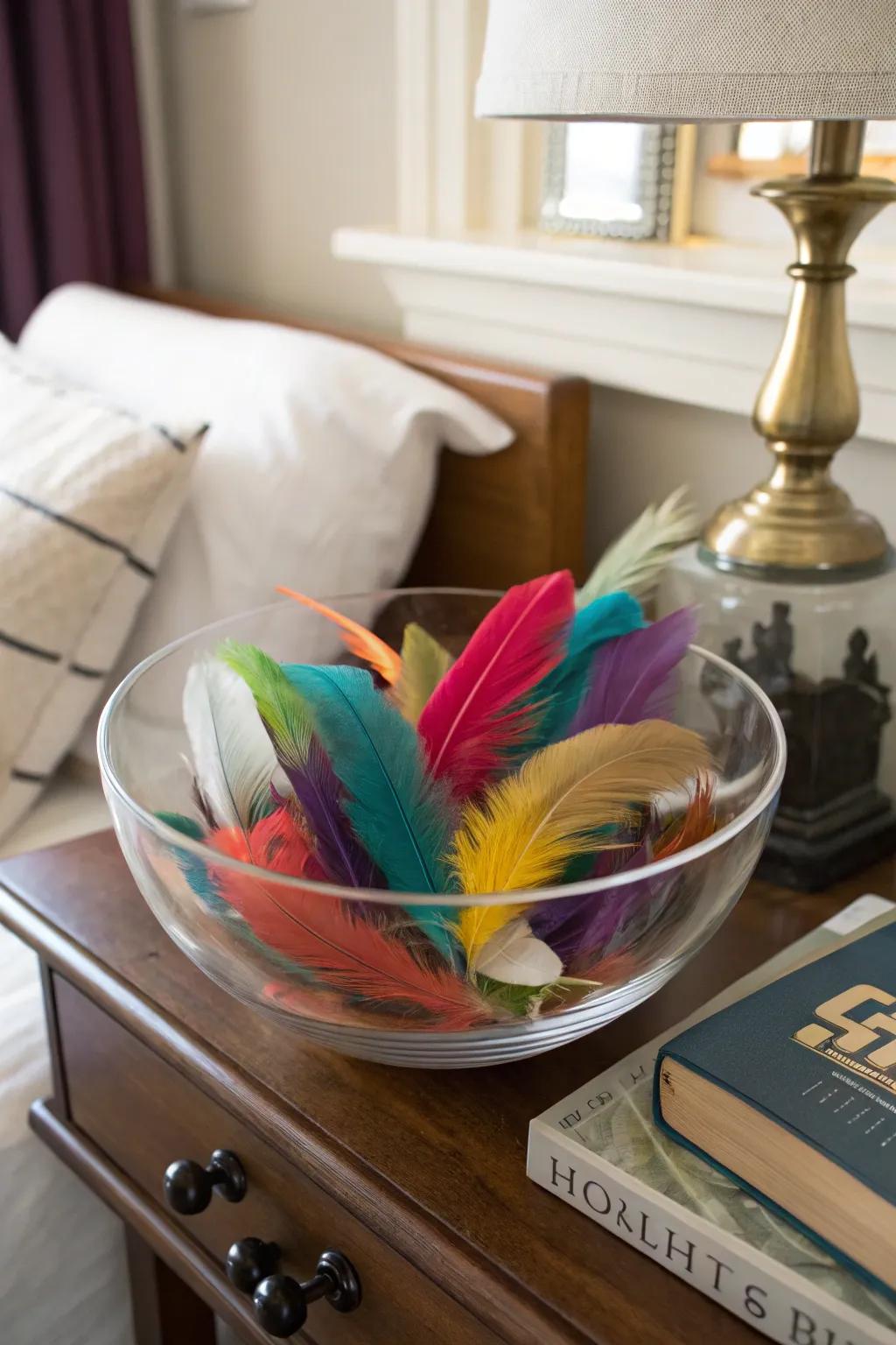 Whimsy and color featuring feathers within a glass bowl.