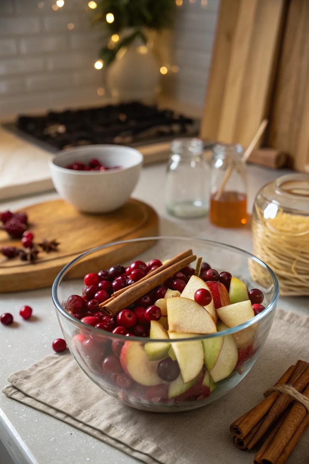 A celebratory fruit bowl, evidenced by fresh holiday elements.