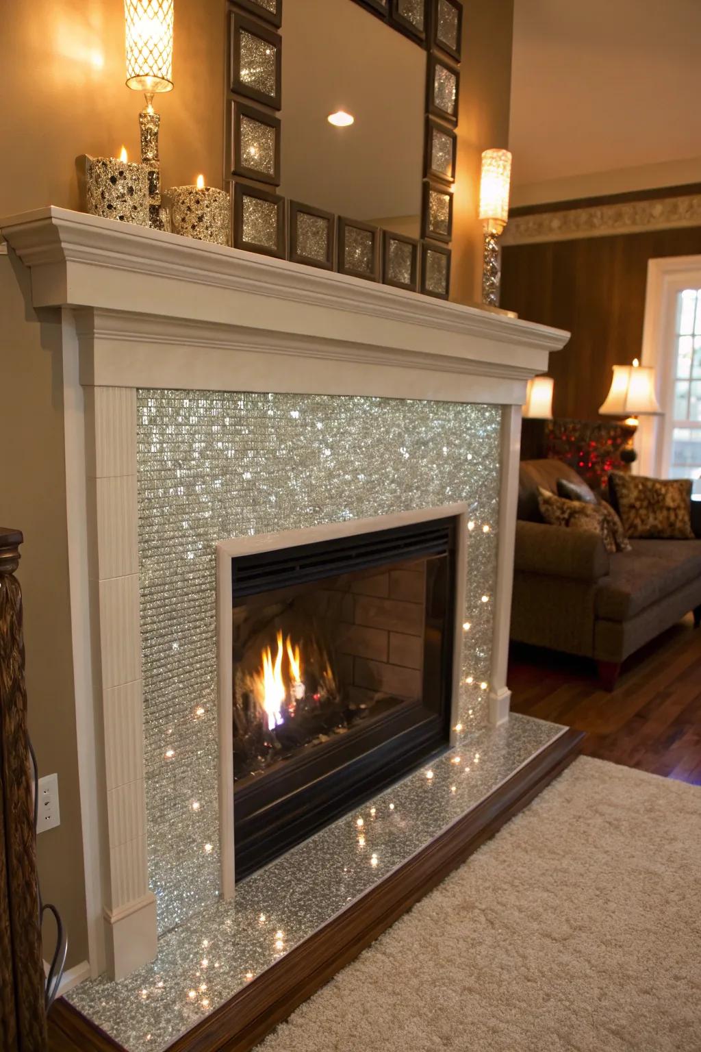 Glass tiles upon a hearth mantel transform it into a shimmering focal element.