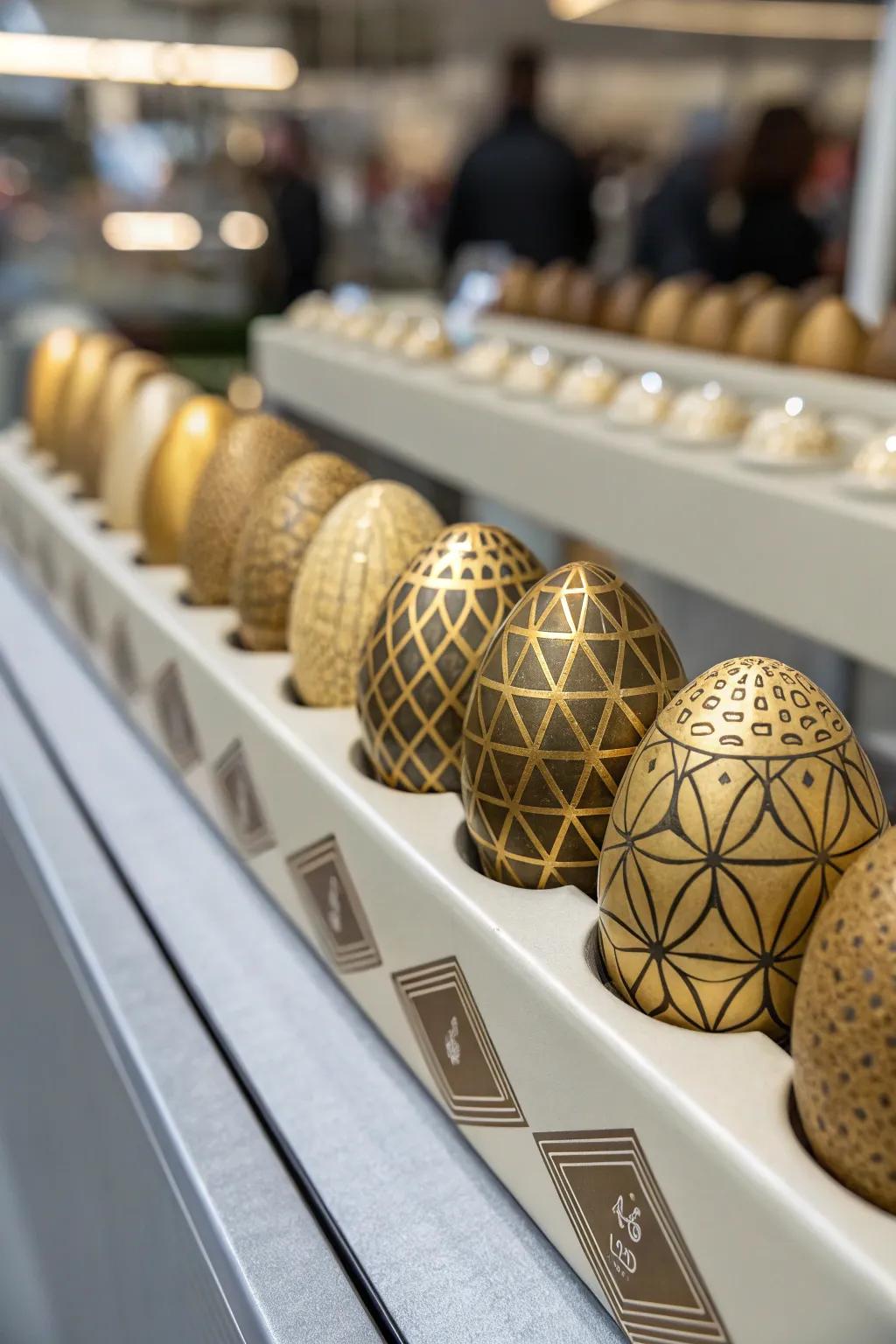 Gilded eggs featuring geometric patterns provide a contemporary flair.