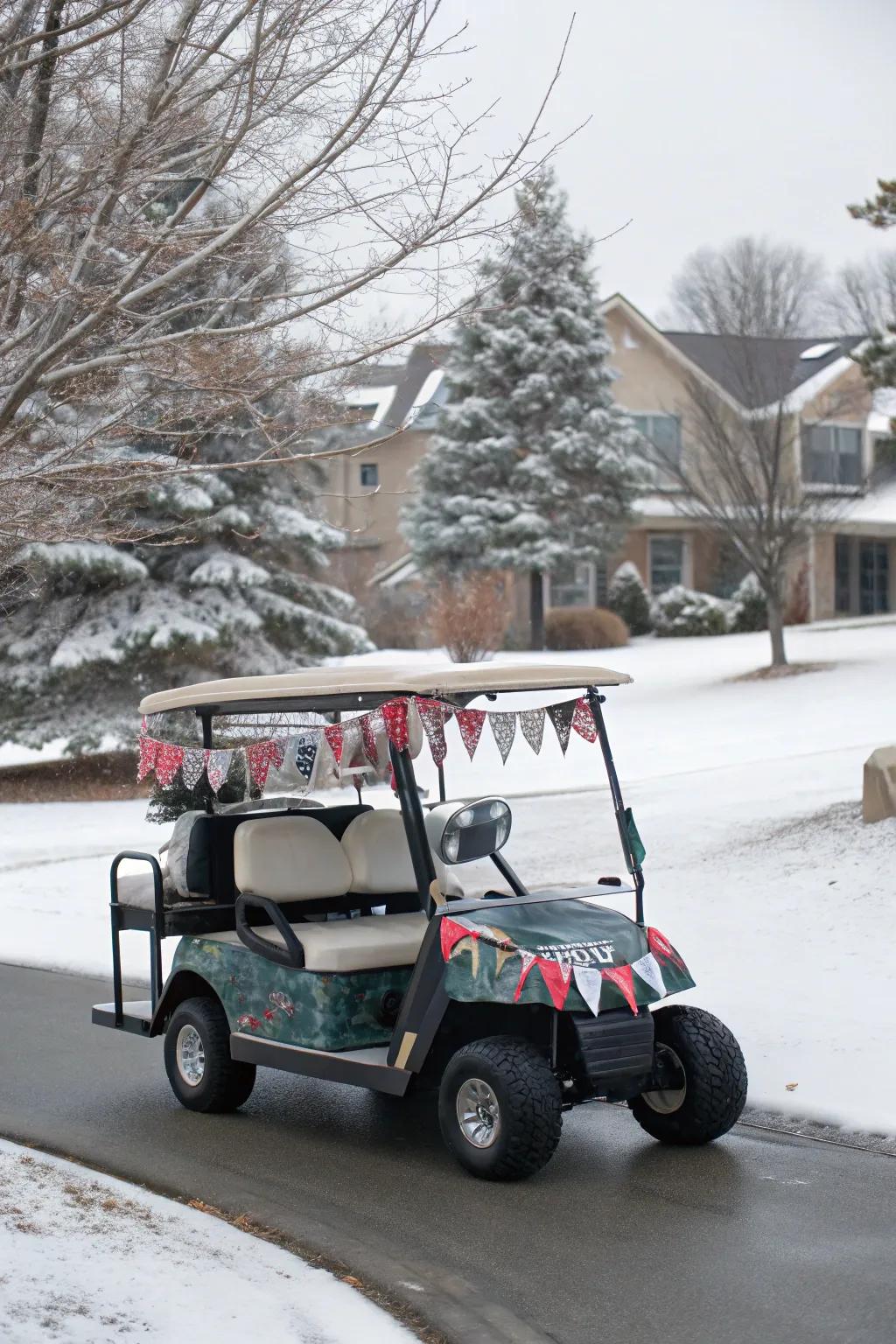 Flags and banners append the concluding celebratory accent to this golf cart.