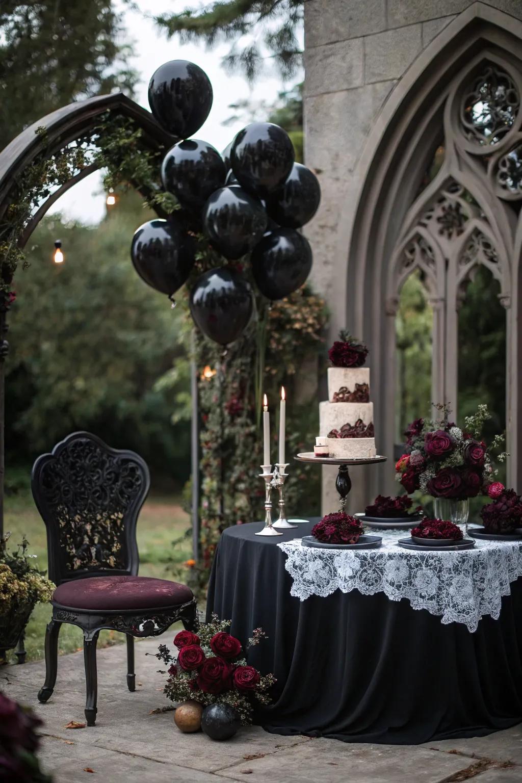 A Gothic wedding setup displaying ebony orbs.