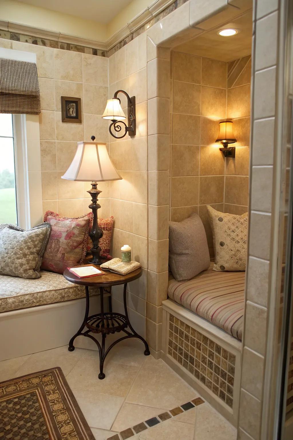 A snug retreat appends convenience including warmth to the gothic bathroom.