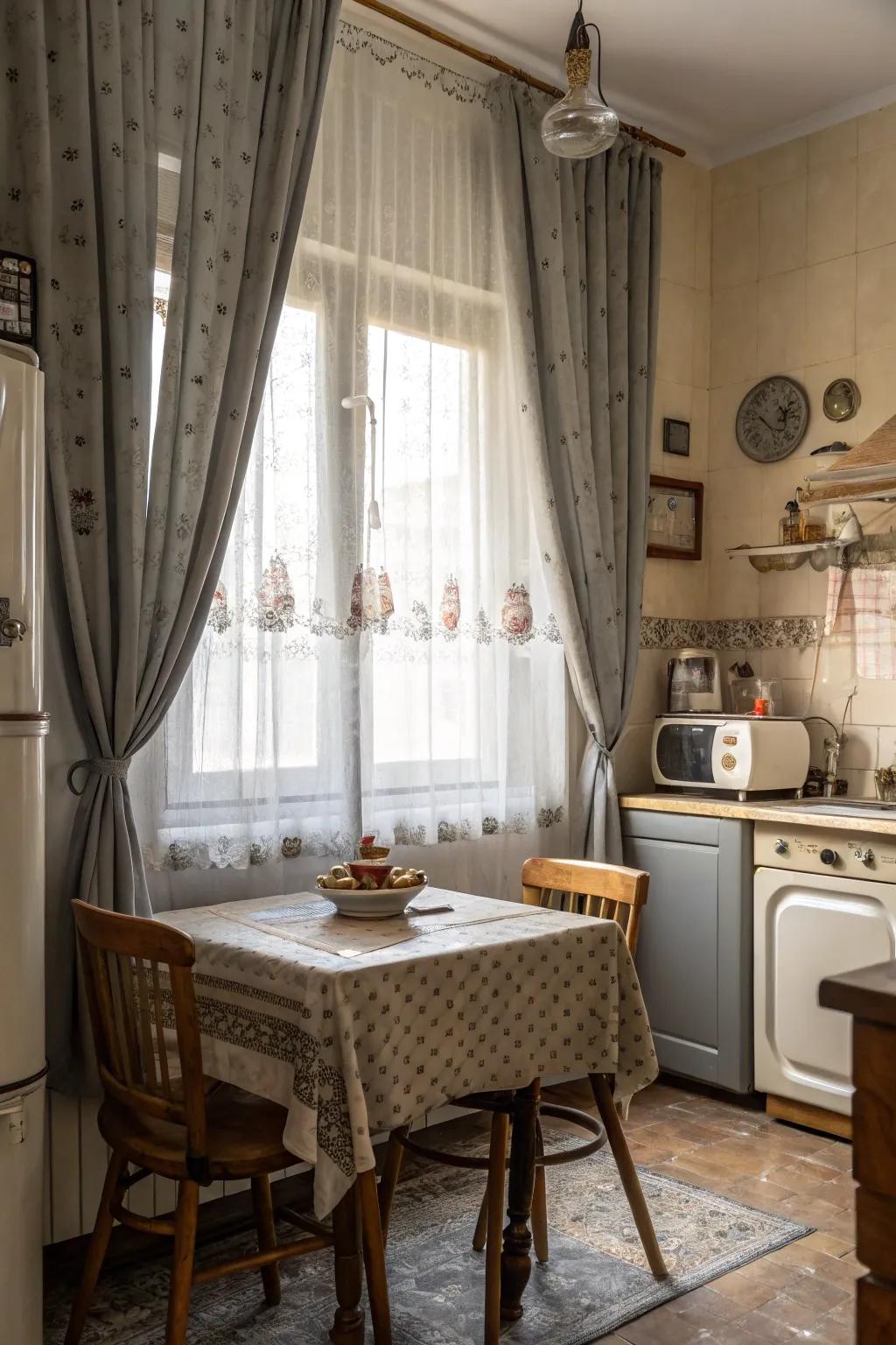 Vintage-inspired gray drapes infuse allure and warmth to the kitchen.