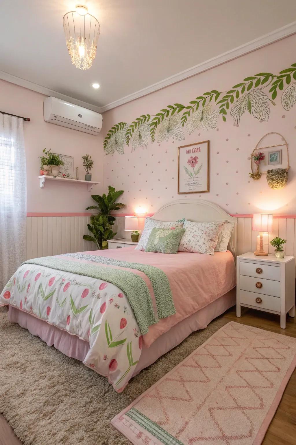 Playful pastels showcased through roseate and verdant colors produce a serene and inviting space.