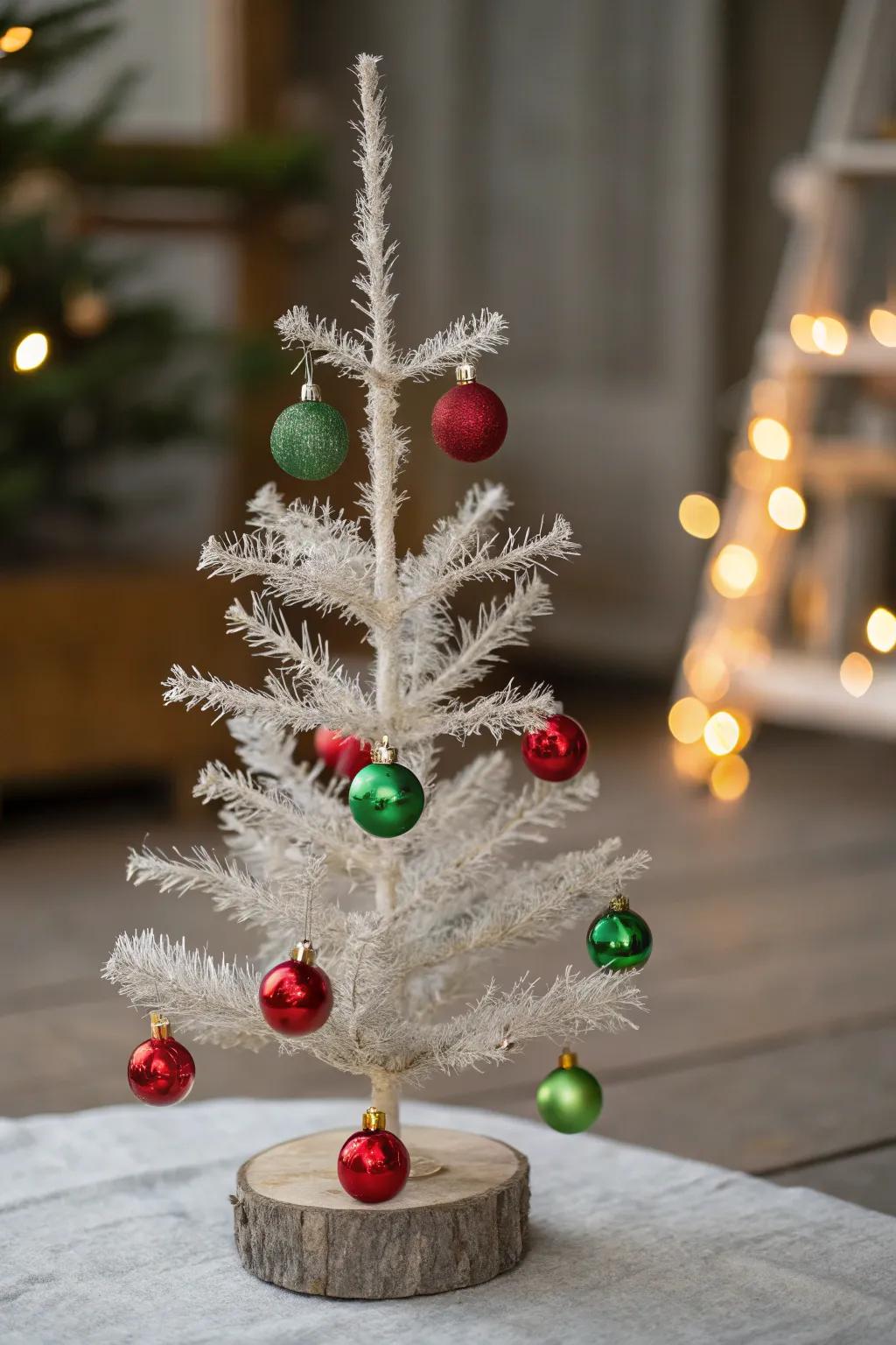 An elegantly simple Christmas tree adorned with crimson and emerald decorations.