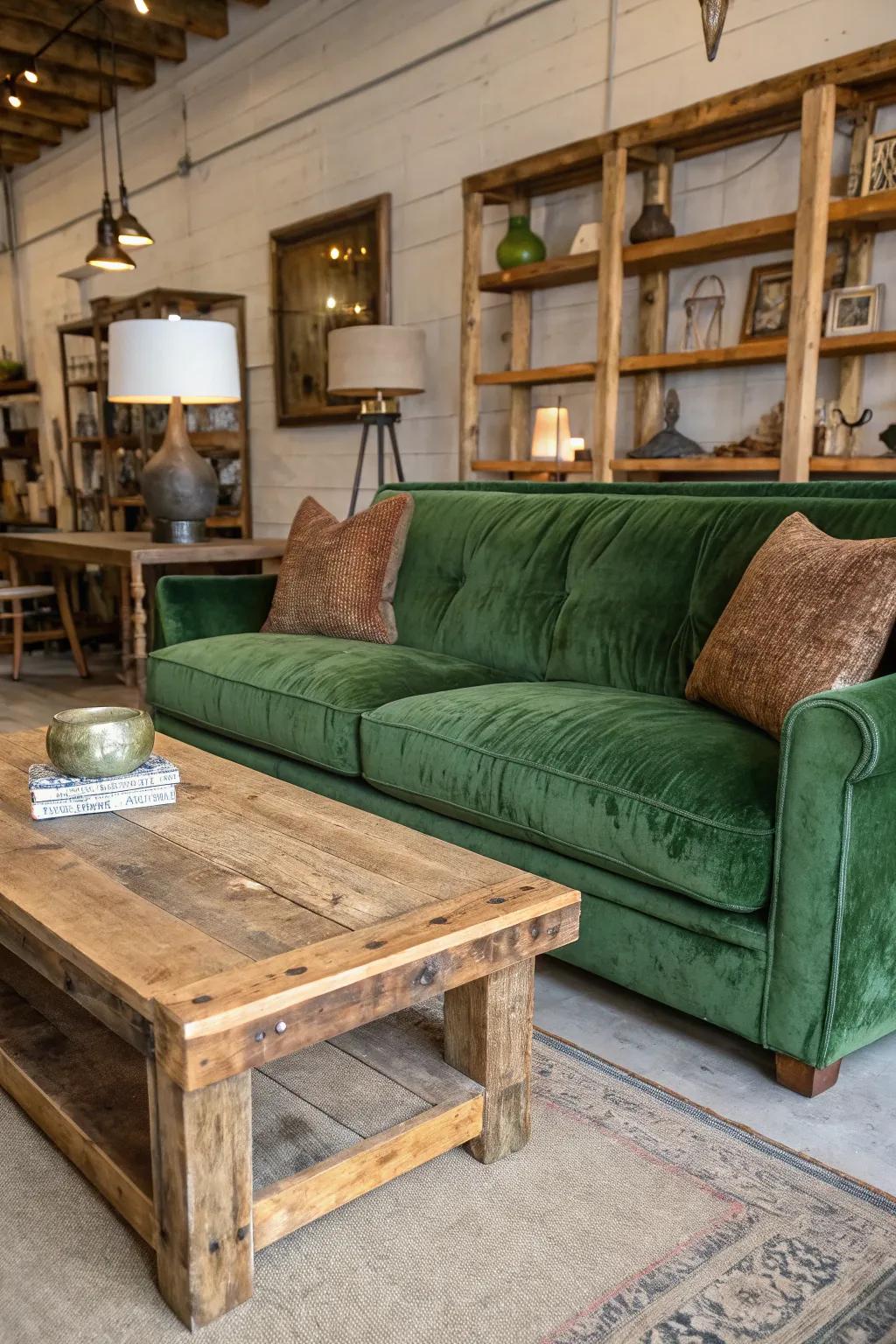 A warm and welcoming lounge featuring a green velvet couch and unrefined complements.